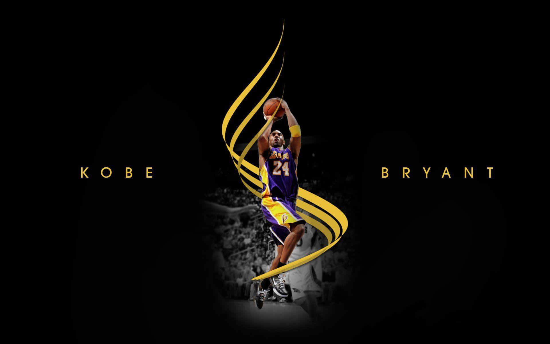 Kobe Bryant Basketball 桌布 壁紙 — 柯比布萊恩身穿紫金色湖人球衣，在半空中灌籃，伴隨金色漩渦，背景為黑色。