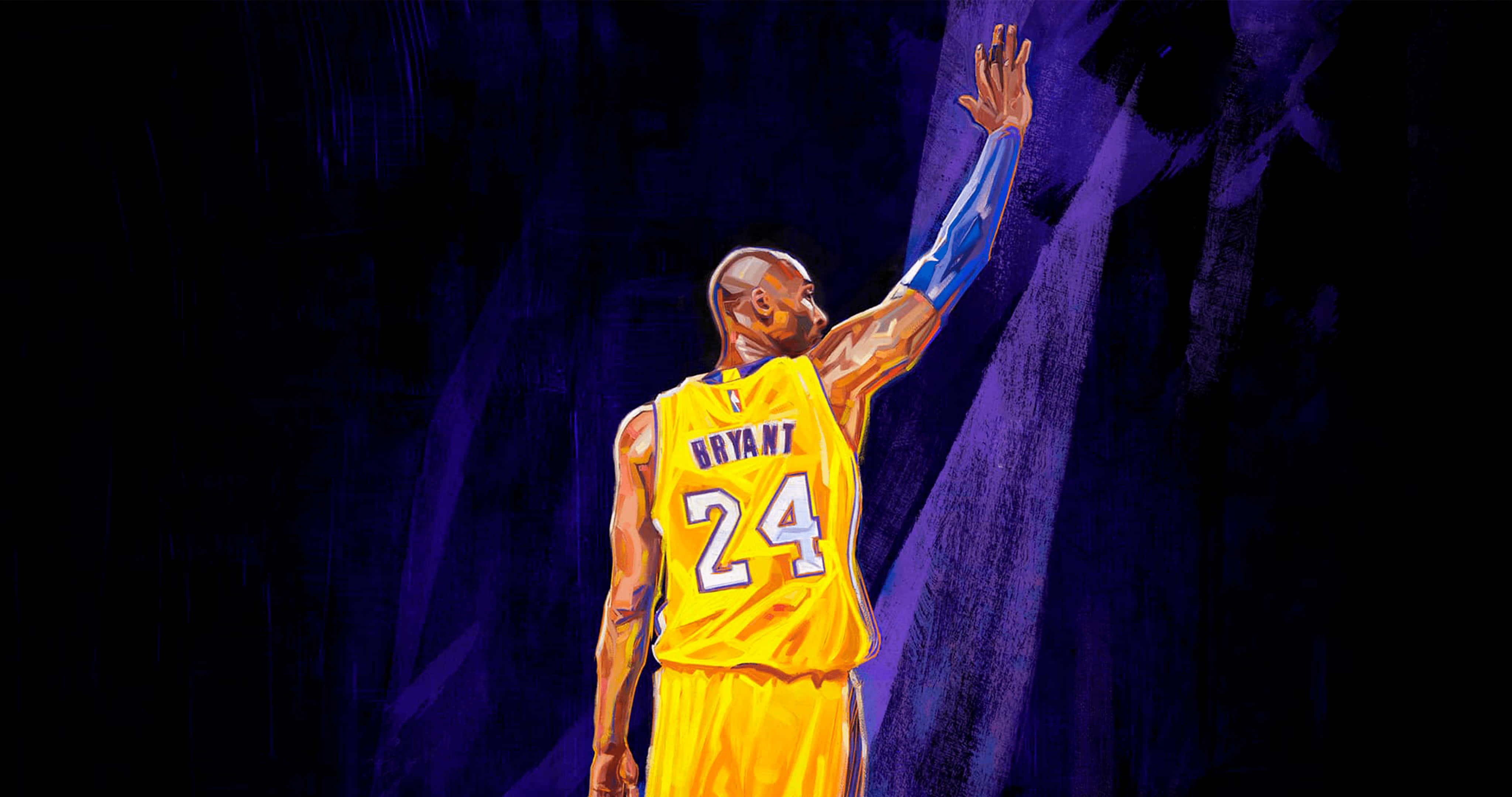 Kobe Basketball 桌布 壁紙 — 柯比布萊恩身穿黃色24號球衣，在深紫色紋理背景上舉手的風格化插圖。