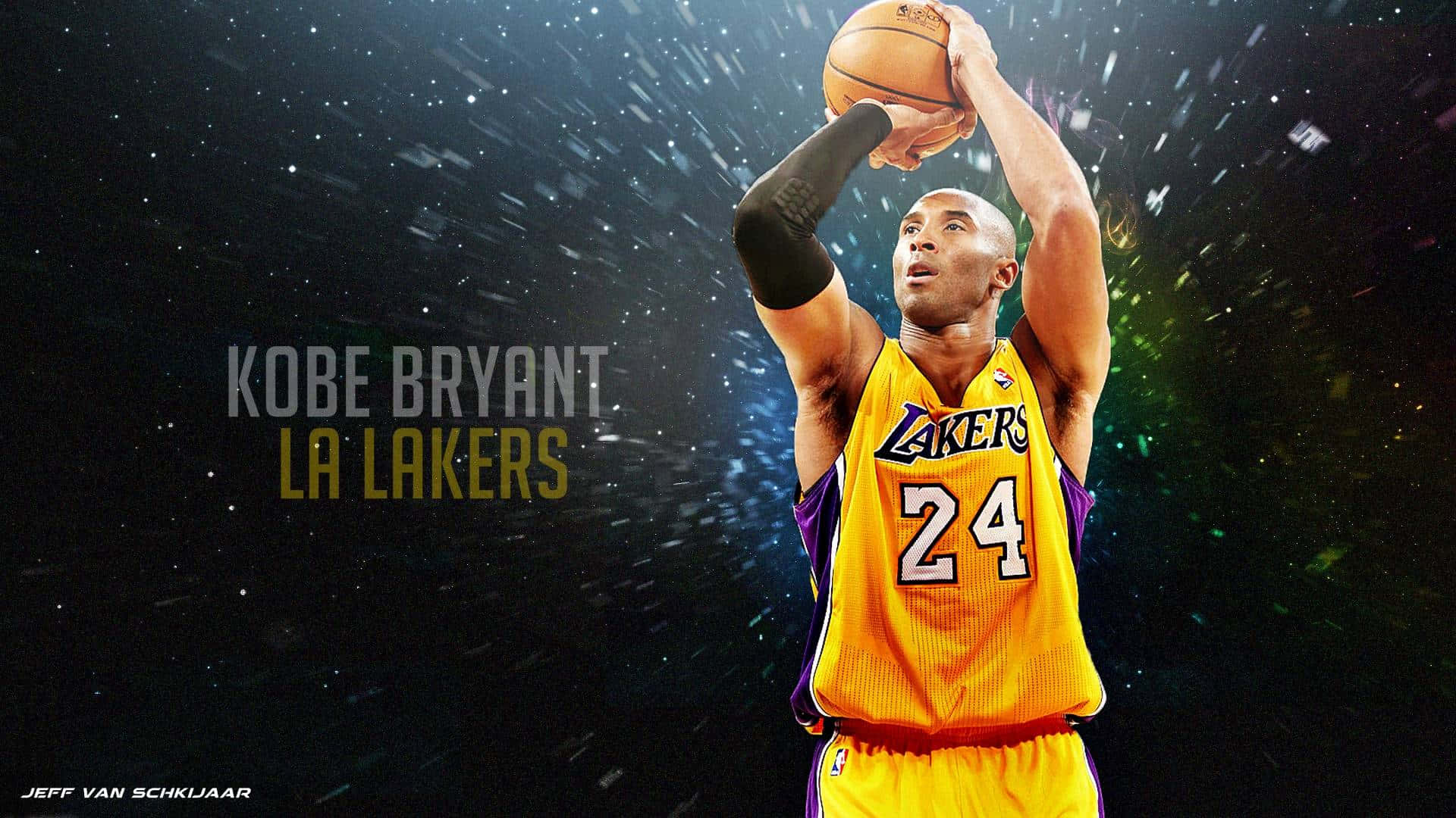 科比· Bryant 桌布 壁紙 — 柯比布萊恩身穿黃色湖人球衣，在星光燦爛的宇宙背景下投籃，周圍有發光的粒子。