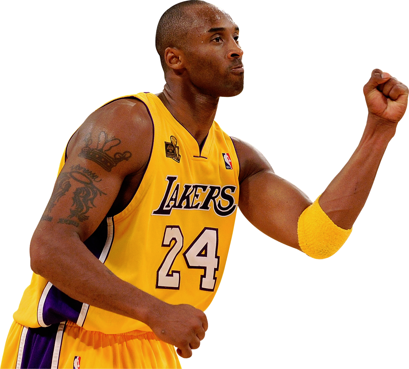 Kobe Bryant Basketball 桌布 壁紙 — 柯比布萊恩身穿黃色湖人隊24號球衣，舉起拳頭擺出勝利姿勢，手臂上可見皇冠刺青。