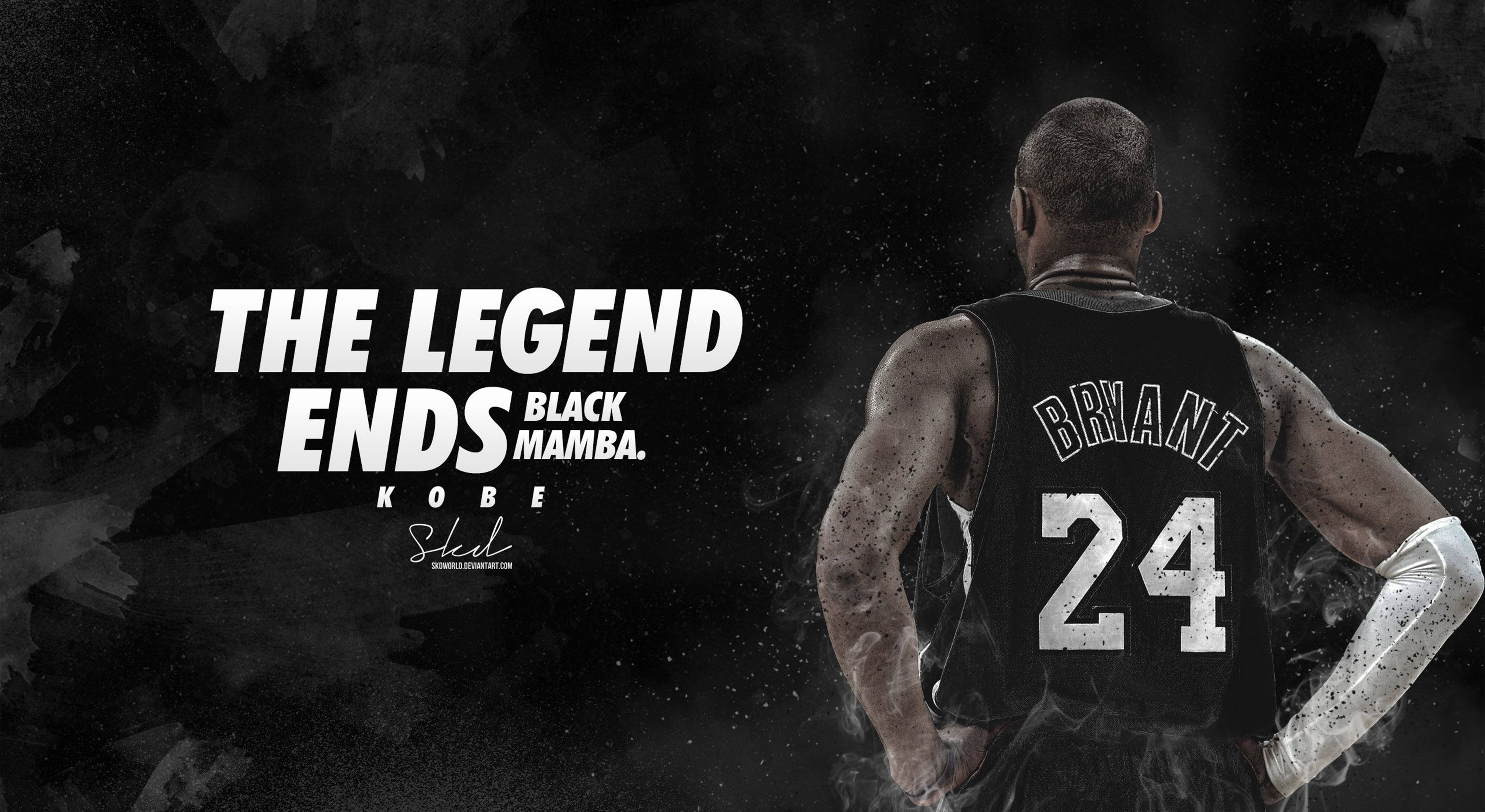 科比 桌布 壁紙 — 柯比布萊恩身穿黑色24號球衣，背面印有「THE LEGEND ENDS BLACK MAMBA」字樣，背景為黑暗煙霧彌漫。