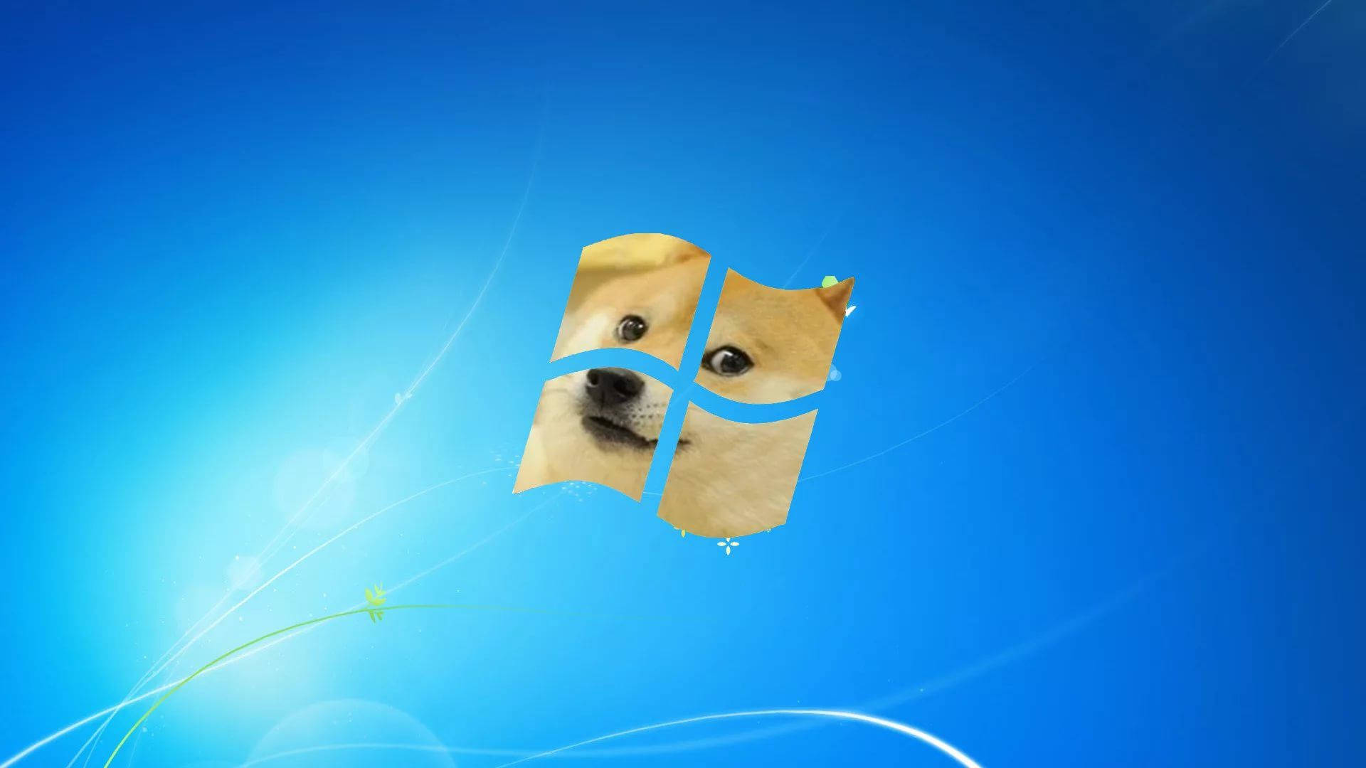 meme 桌布 壁紙 — 柴犬的臉取代了Windows標誌，出現在明亮的藍色漸變桌面背景上，帶有發光的光線條紋。
