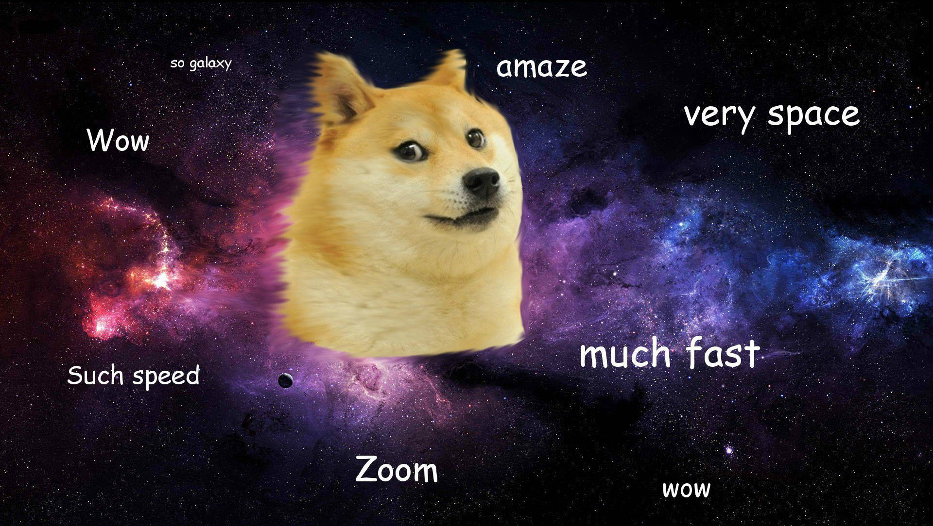 meme 桌布 壁紙 — 柴犬頭部漂浮在充滿活力的宇宙星雲中，帶有「so galaxy」和「much fast」等文字疊加。