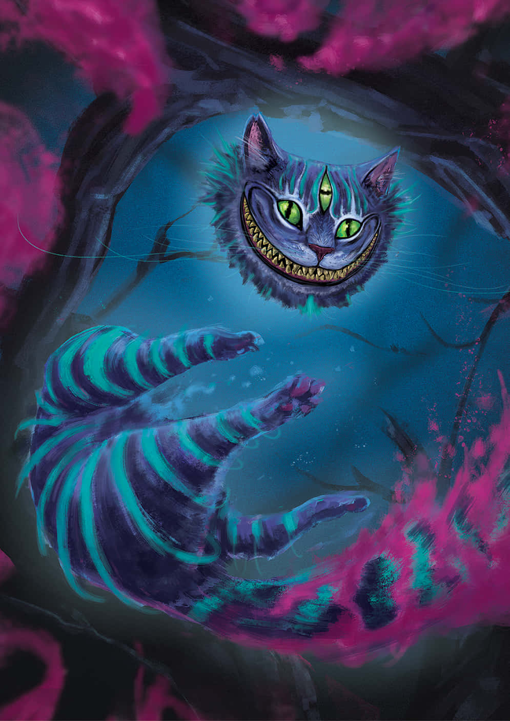 柴郡貓 桌布 壁紙 — 柴郡貓的 surreal 數位插圖，擁有發光的綠色眼睛和寬闊的笑容，漂浮在旋轉的青綠色和洋紅色煙霧漩渦中。