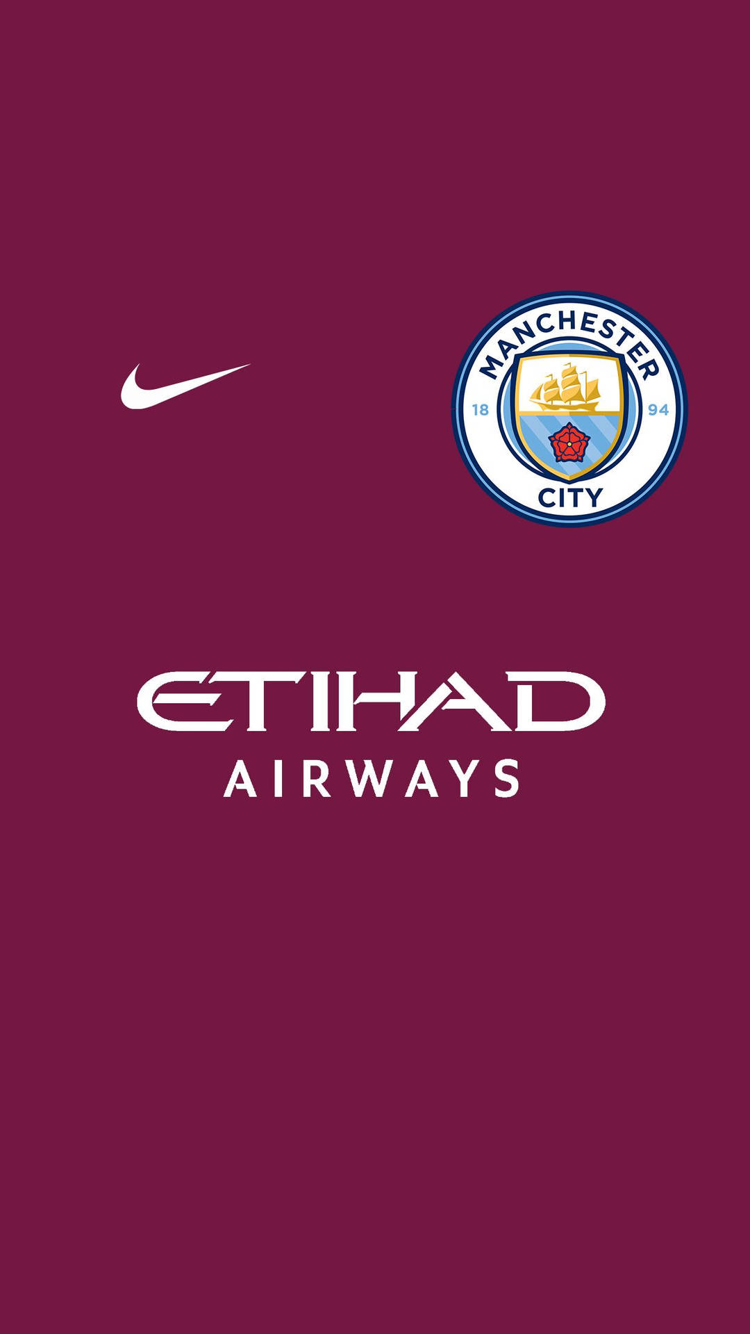 足球 桌布 壁紙 — 栗色背景，上面有白色的曼城隊徽、Nike 勾勾和 Etihad Airways 標誌。