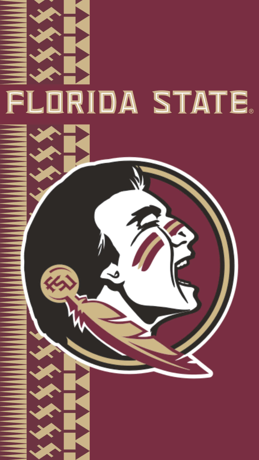 Fsu 桌布 壁紙 — 栗色背景上帶有戰士吉祥物和部落圖案的醒目佛羅里達州立塞米諾爾人標誌。