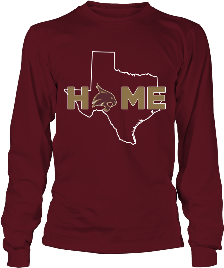 Texas Outline 桌布 壁紙 — 栗色長袖衫，白色德州輪廓，金色 'HOME' 字樣，字母 'O' 內有野貓頭。