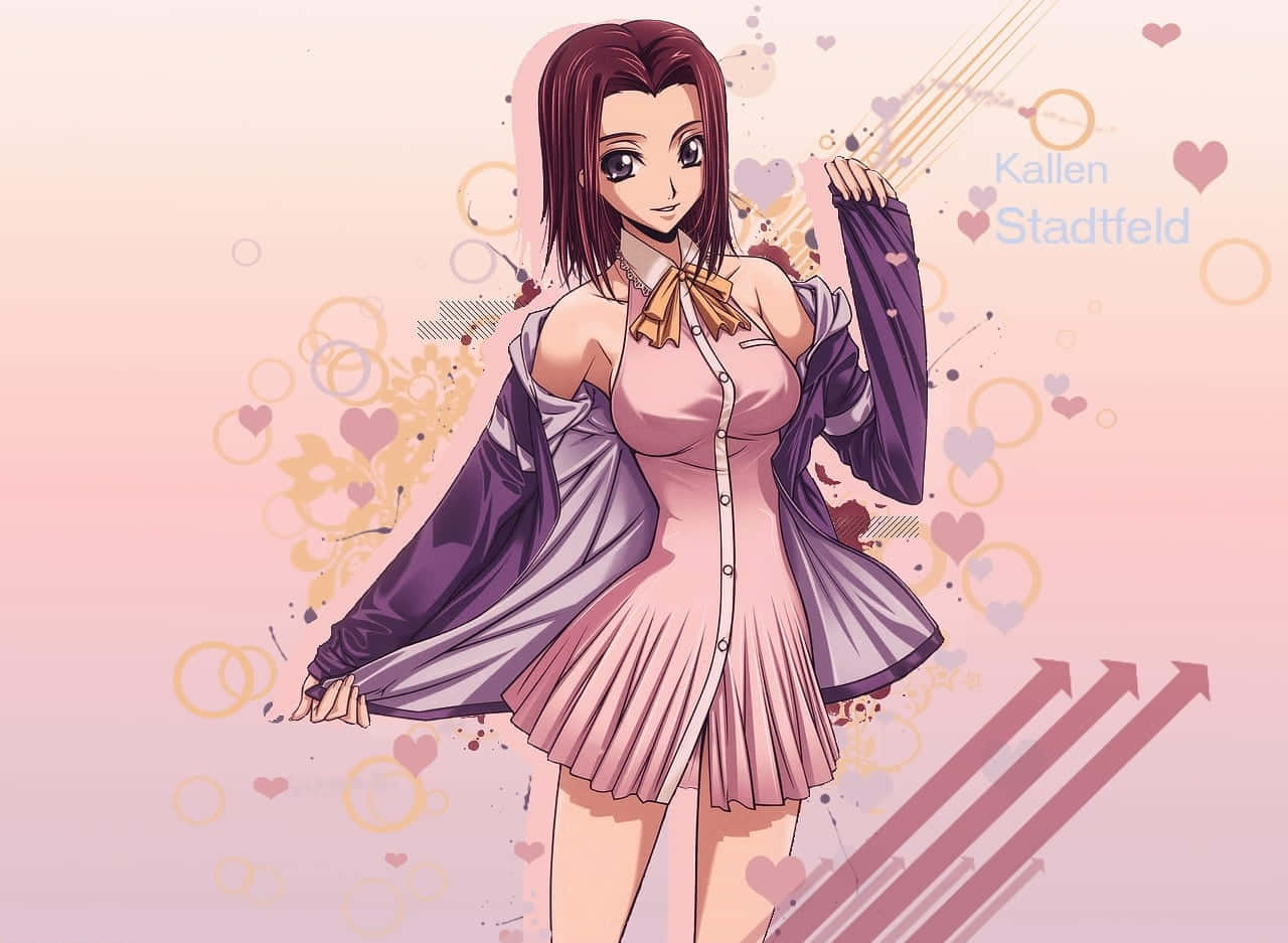 Kallen Stadtfeld 桌布 壁紙 — 栗色頭髮的動漫女孩，穿著粉紅色連衣裙和紫色外套，在帶有心形和漩渦的柔和背景前微笑。