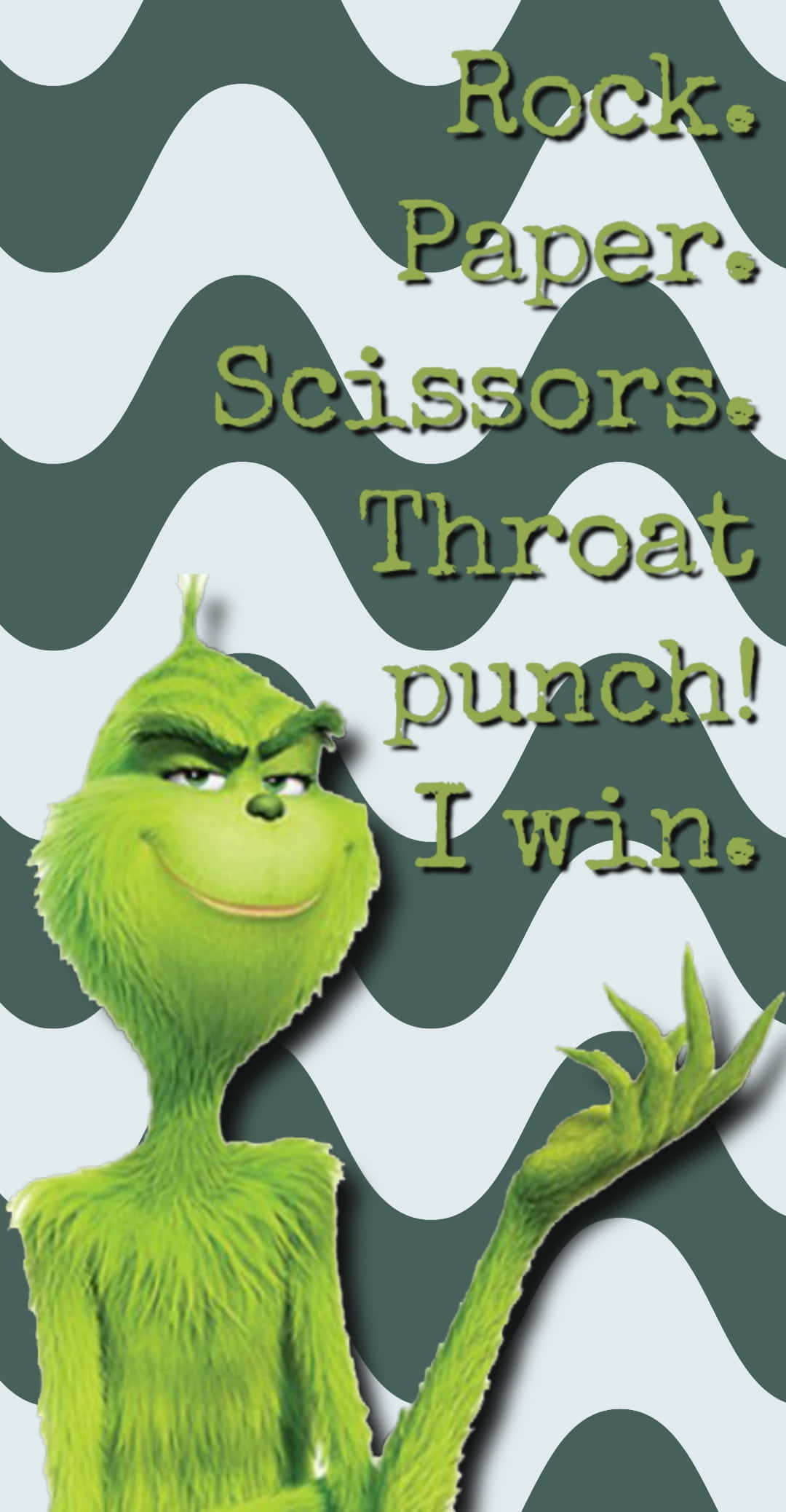 Cute Grinch 桌布 壁紙 — 格林奇在綠色和白色的鋸齒形背景上得意地咧嘴笑，並有文字宣佈他在遊戲中獲勝。