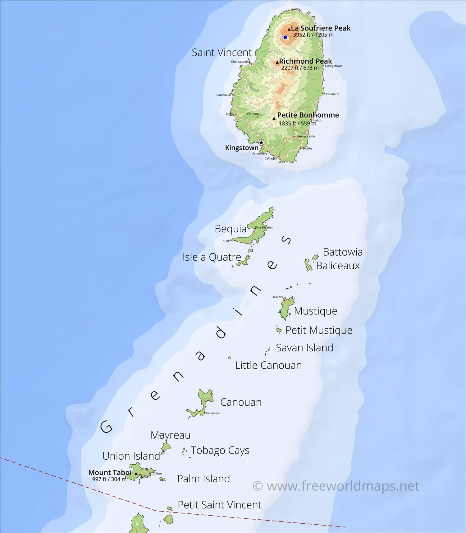 St Vincent And The Grenadines 桌布 壁紙 — 格林納丁斯群島的詳細地圖，以柔和的藍色和綠色色調顯示島嶼、山峰、城鎮和海拔標記。