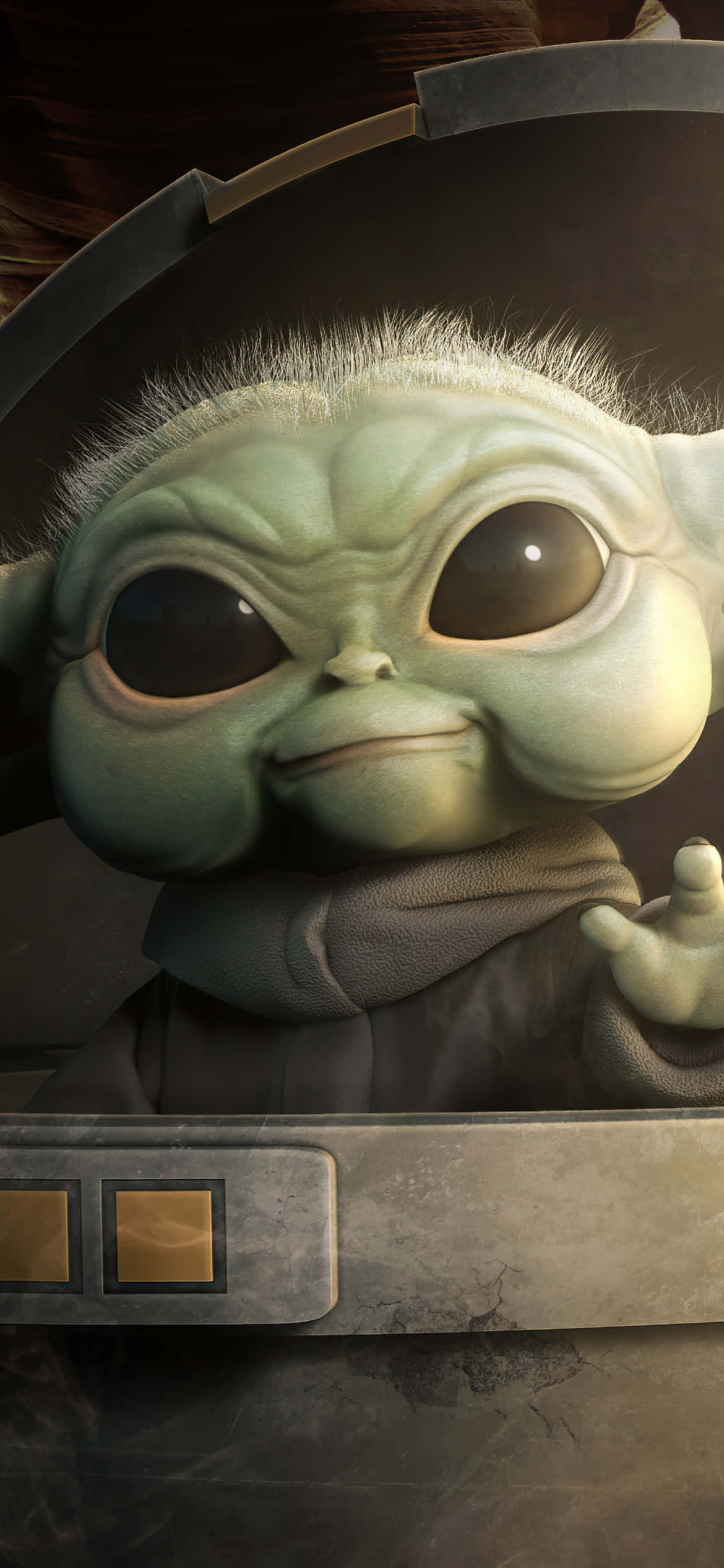 Baby Yoda Phone 桌布 壁紙 — 格羅古（Grogu）的特寫，綠色嬰兒尤達，大眼睛，帶著輕微的笑容，戴著飛行員頭盔。