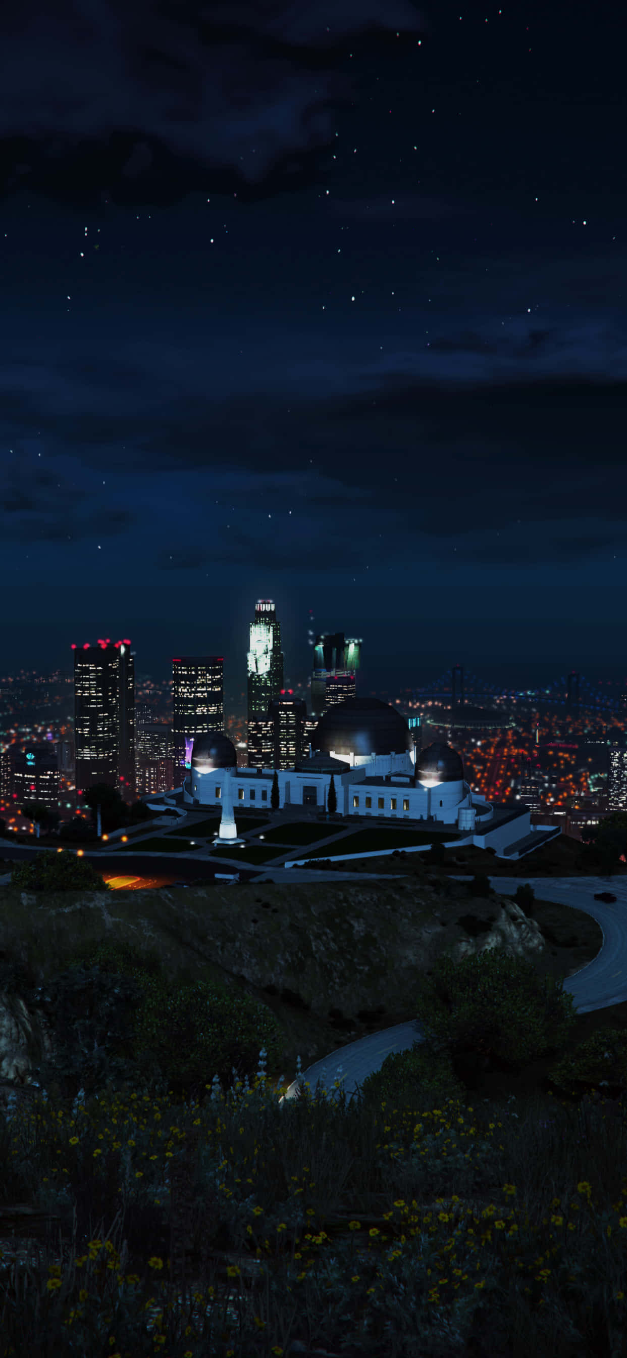 電玩遊戲 桌布 壁紙 — 格里菲斯天文台在星空下閃耀的夜景，下方是廣闊的城市景觀和燈火通明的摩天大樓。