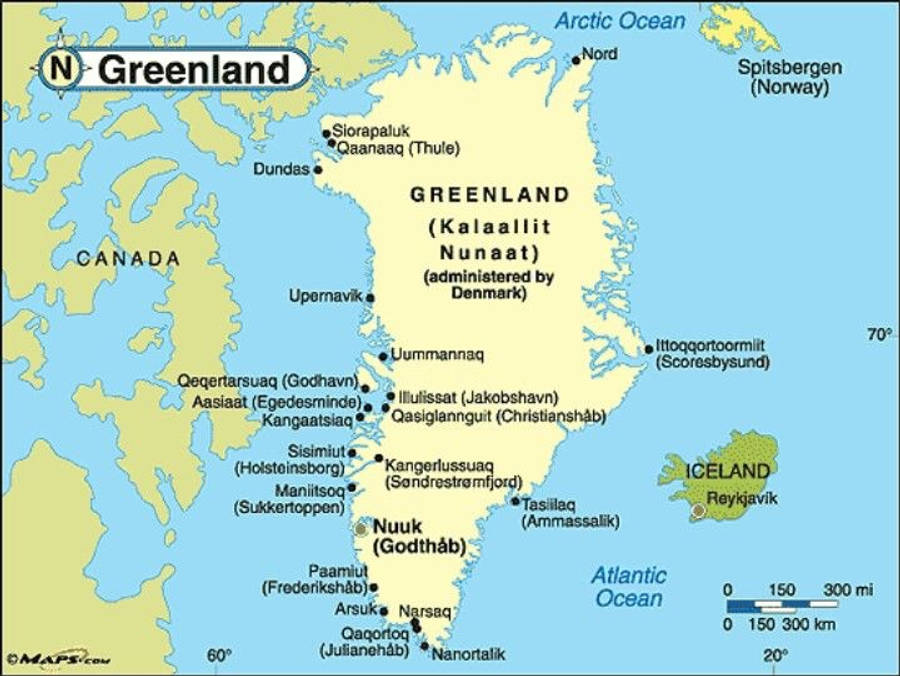 Greenland 桌布 壁紙 — 格陵蘭政治地圖，顯示主要城市及鄰近地區，並標註海洋及坐標。