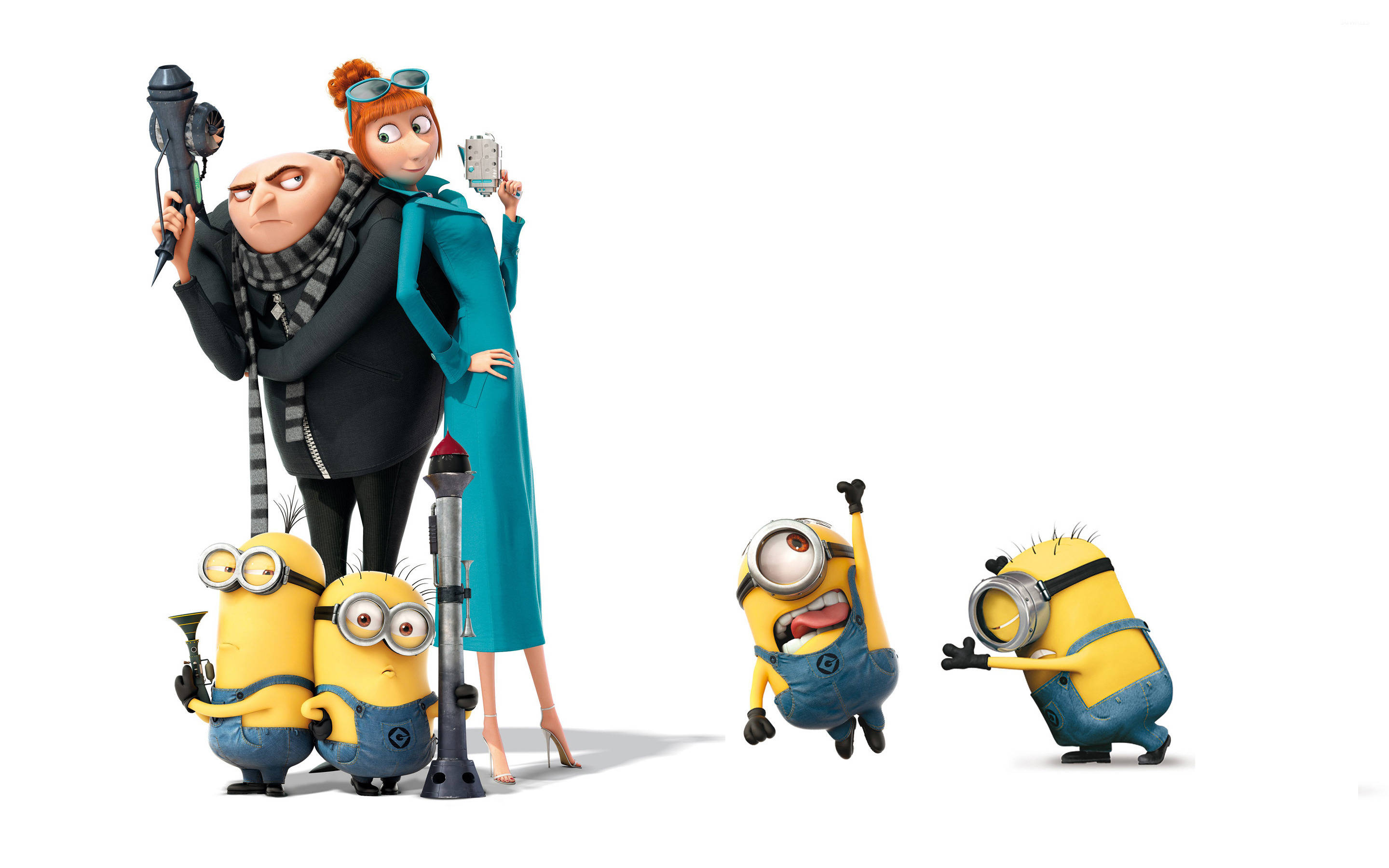 Despicable Me 2 桌布 壁紙 — 格魯和露西與四個小小兵在明亮的攝影棚拍攝，背景為純白色。
