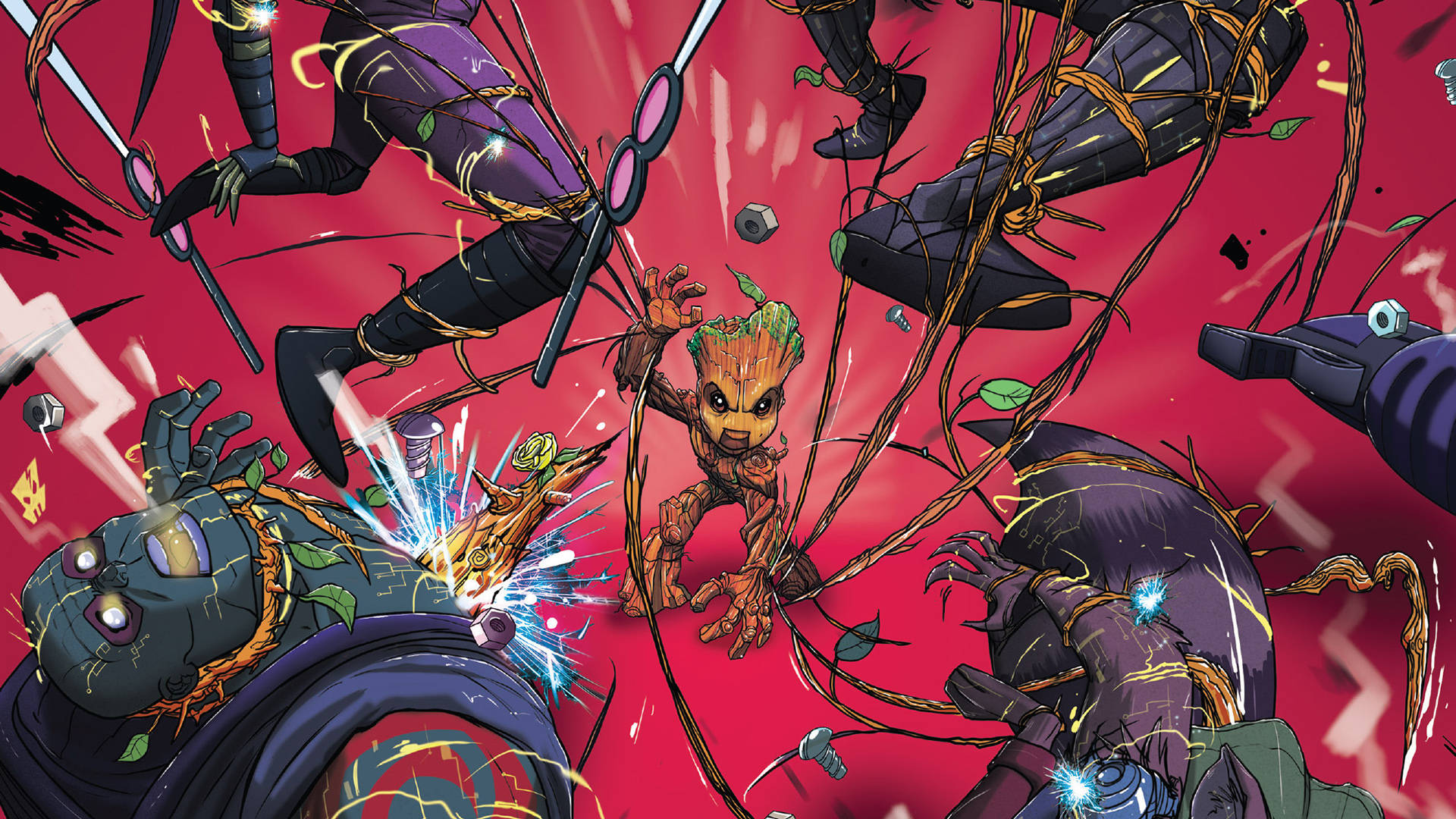 Baby Groot 桌布 壁紙 — 格魯特在混亂的紅色色調漫畫動作場景中與多個機器人敵人戰鬥。