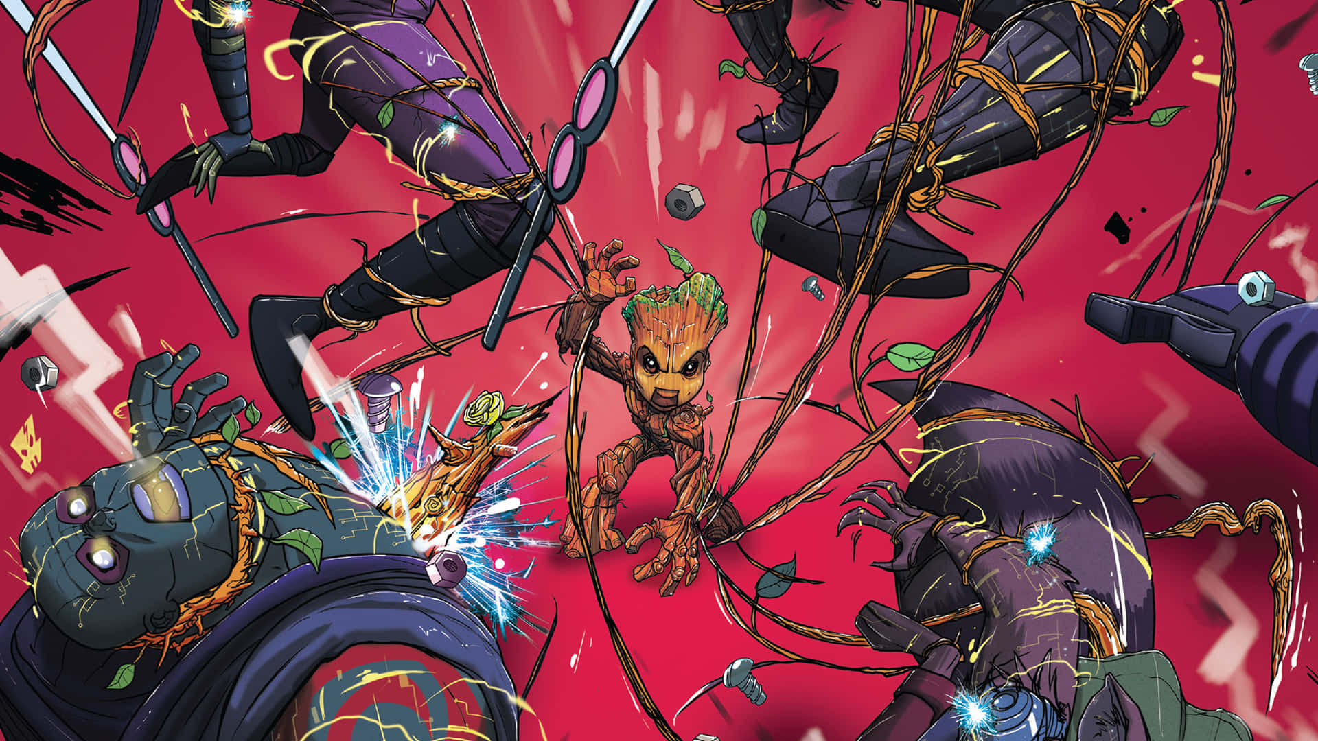 Guardians Of The Galaxy 2 桌布 壁紙 — 格魯特在混亂的紅色調漫畫動作場景中與多個機械敵人戰鬥。