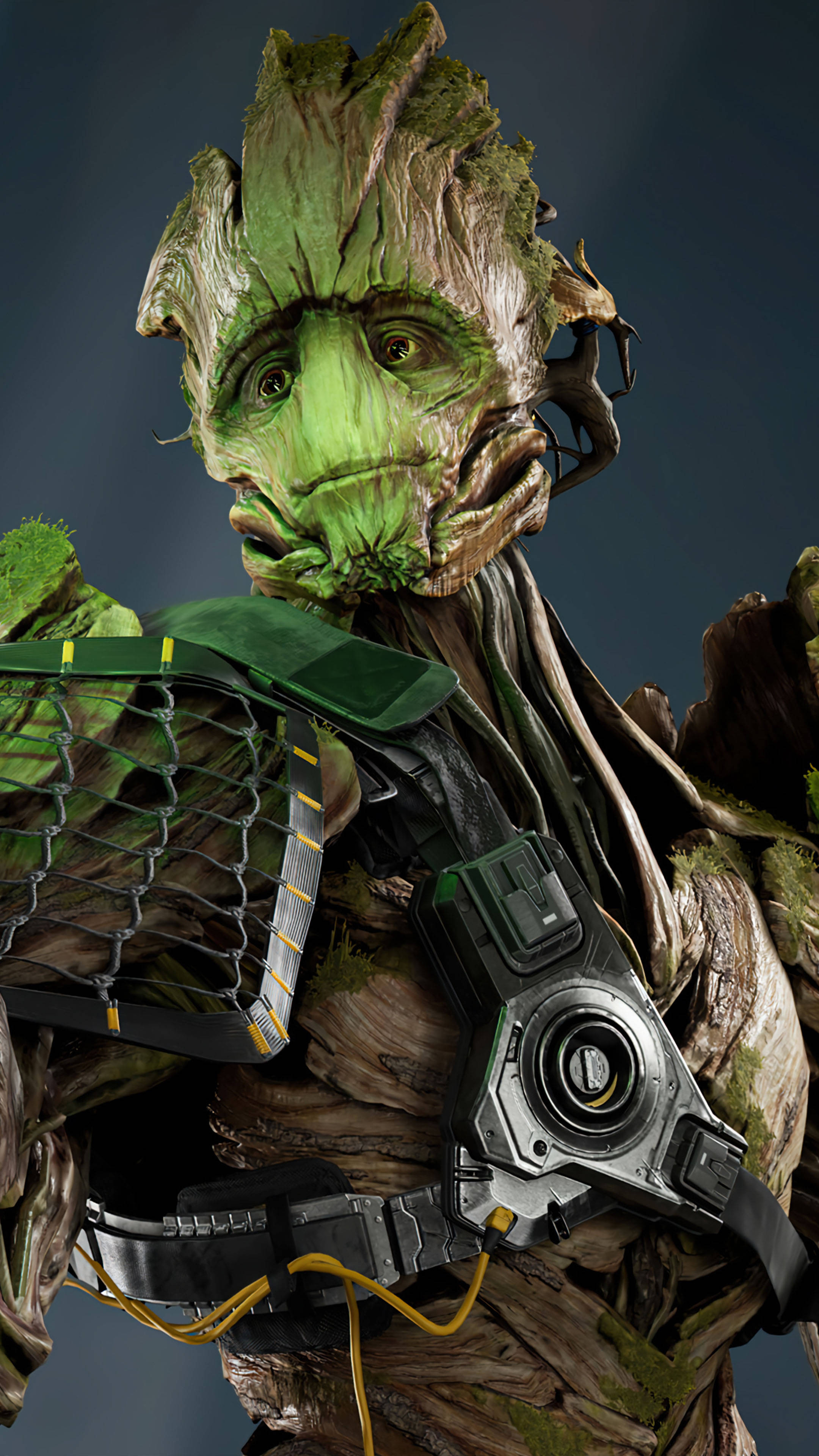 4K Guardians Of The Galaxy 桌布 壁紙 — 格魯特的特寫，擁有長滿苔蘚的樹皮皮膚和未來風格的盔甲，背景為深色。