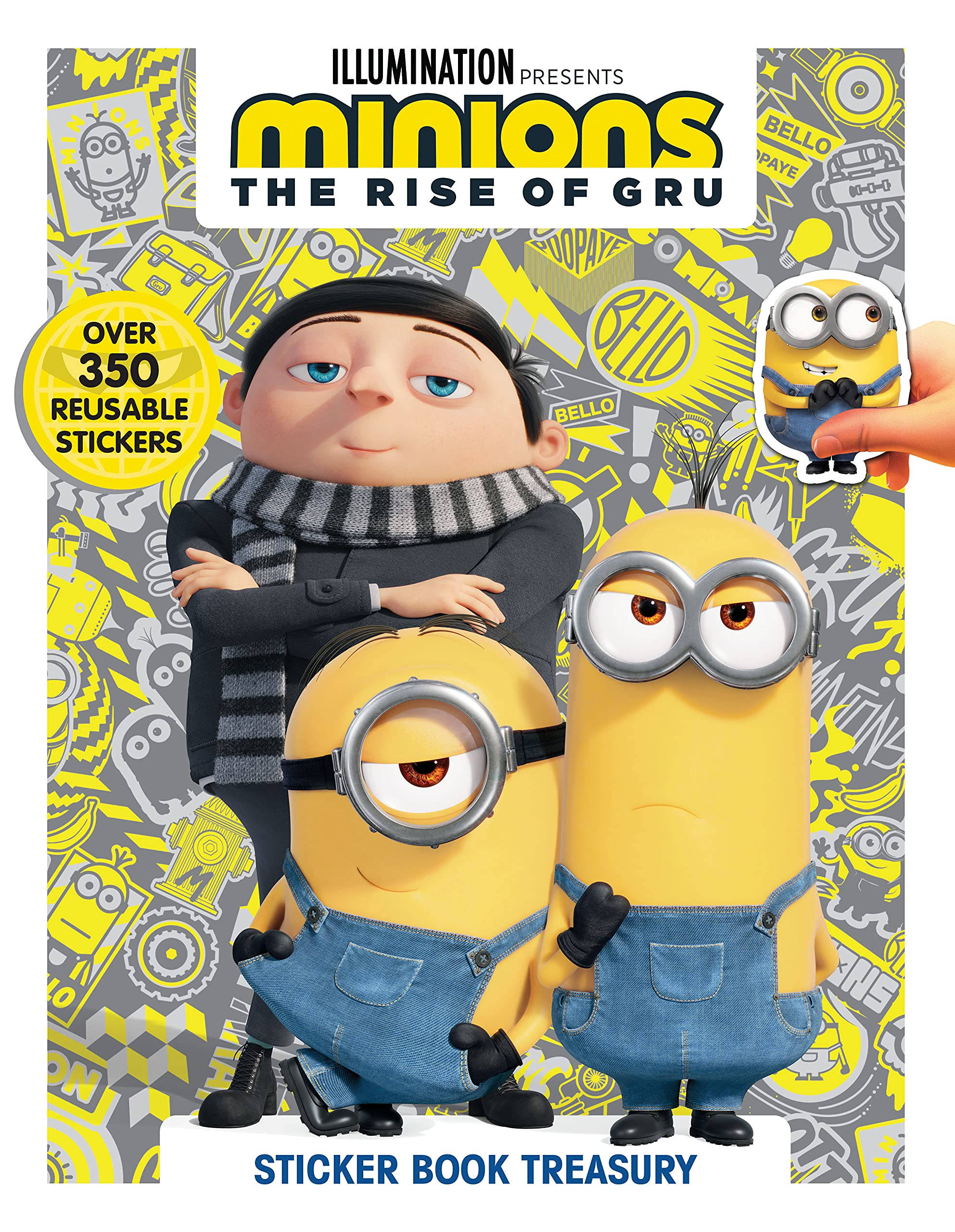 gru 桌布 壁紙 — 格魯與兩個小小兵站在一個混亂的黃色和灰色貼紙覆蓋的背景前。