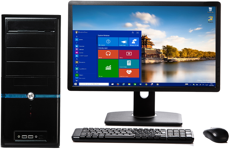 Windows Computer 桌布 壁紙 — 桌上電腦配備黑色塔式顯示器、鍵盤和滑鼠，在風景優美的湖泊和寶塔壁紙上顯示 Windows 8 開始畫面。