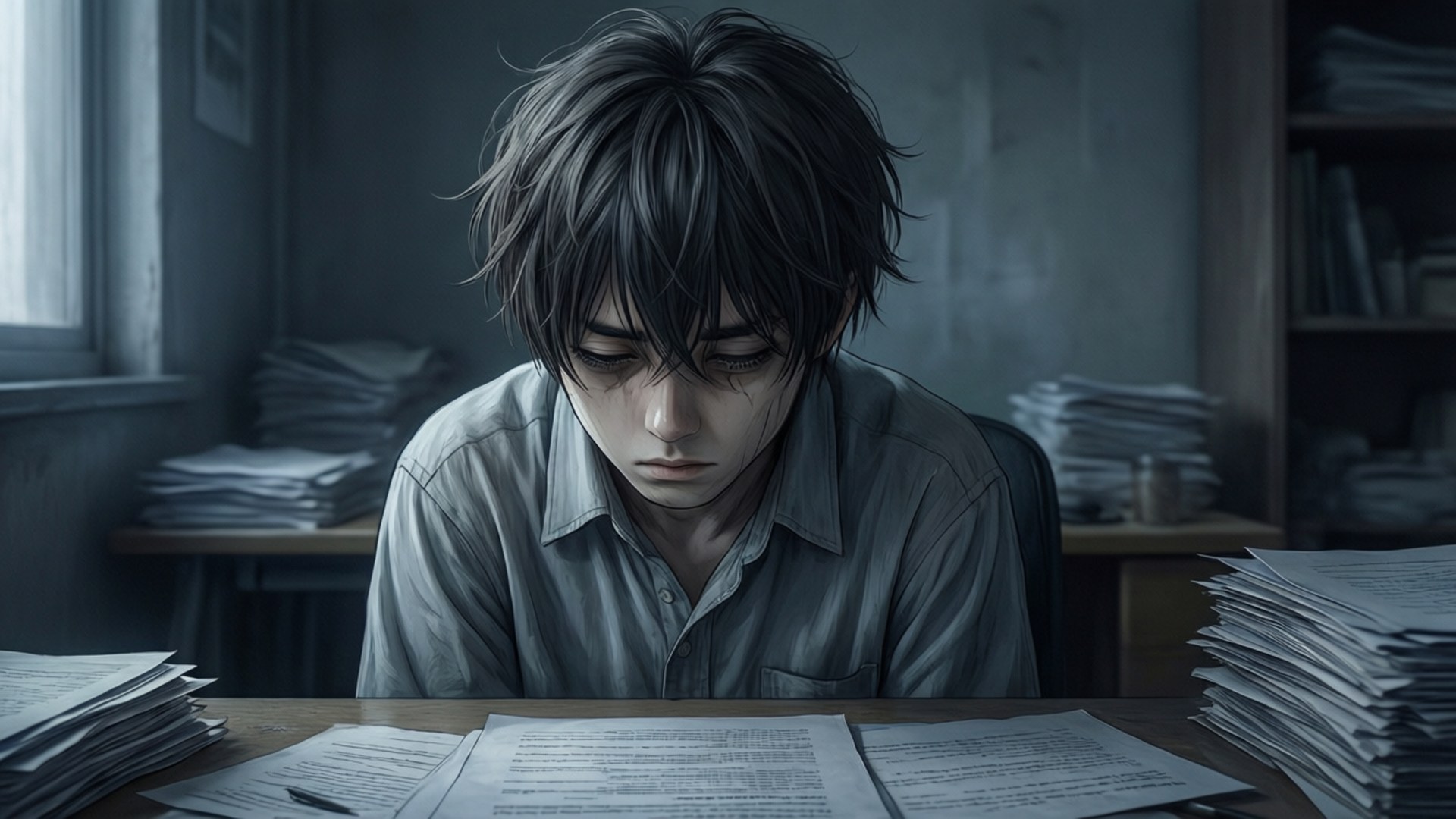 一位悲傷的動漫男孩在桌前不堪重負。