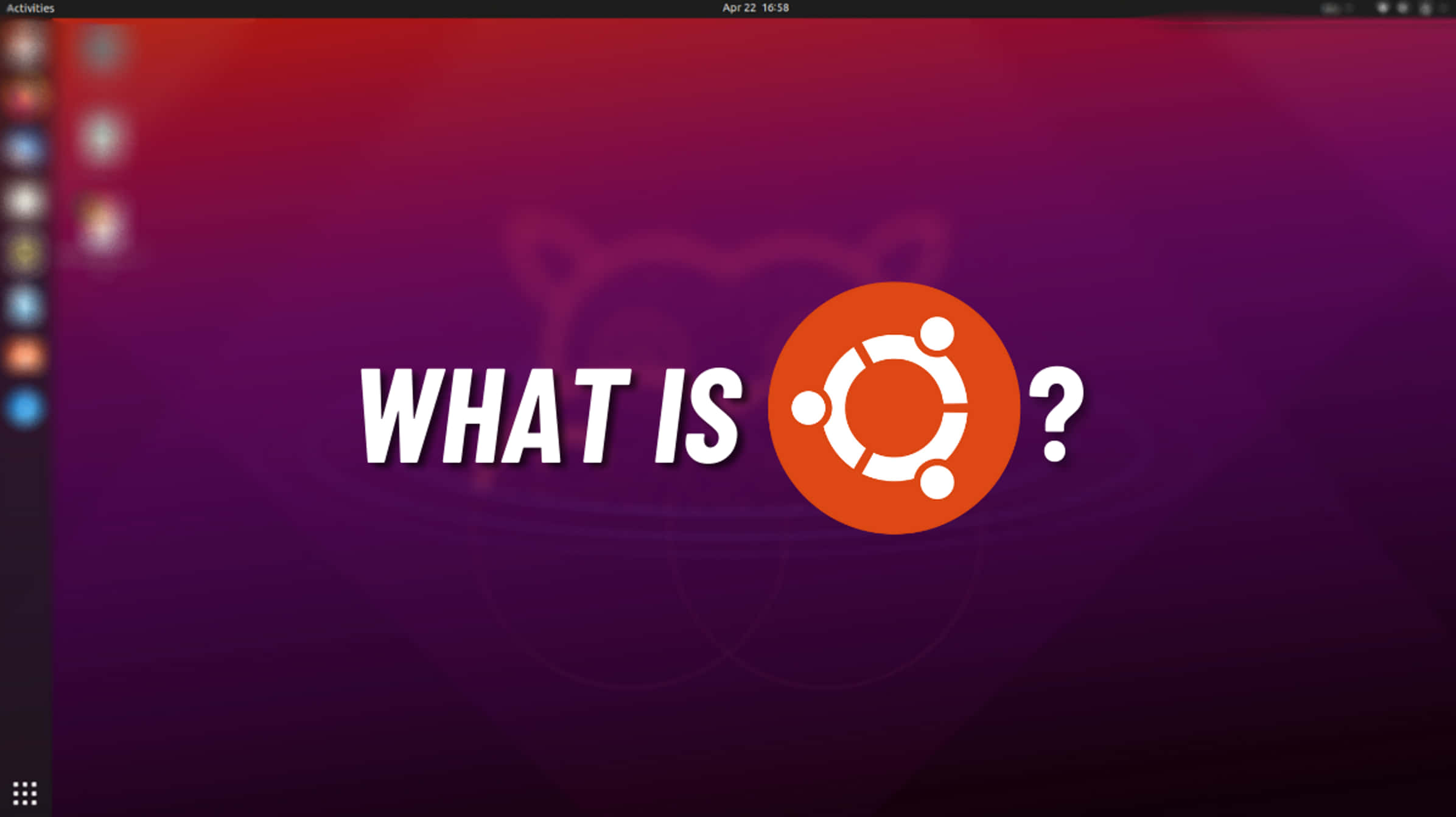 ubuntu 桌布 壁紙 — 桌面桌布，採用漸層紫色背景，帶有Ubuntu標誌和粗體文字問「WHAT IS ?」