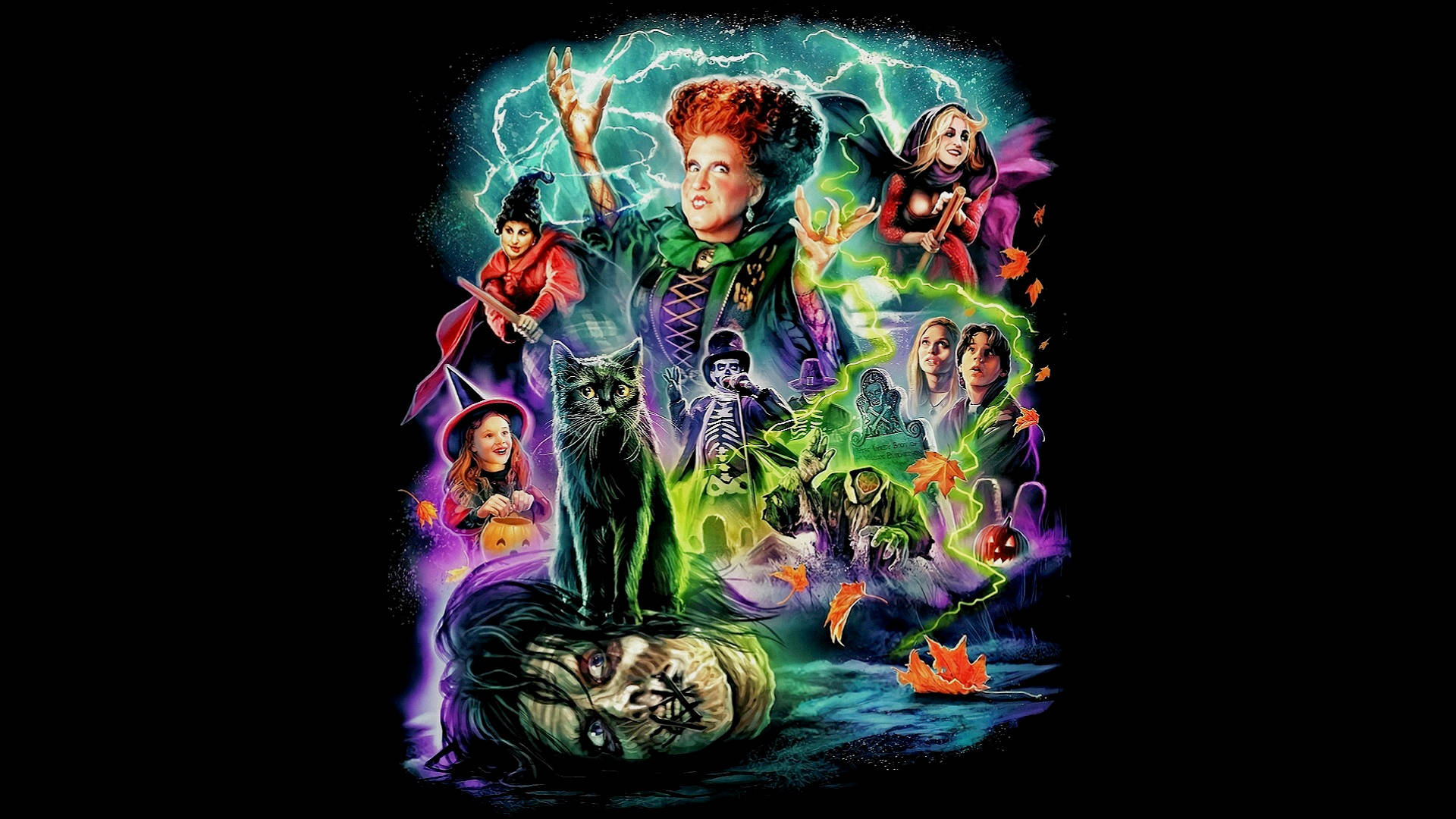 Hocus Pocus 桌布 壁紙 — 桑德森姐妹和她們的魔法萬聖節混亂的鮮豔插圖，帶有閃電和發光效果。