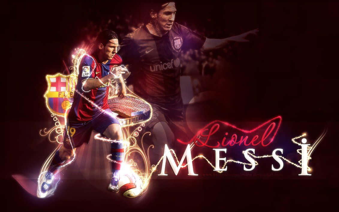 Lionel Messi Cool 桌布 壁紙 — 梅西在動感足球姿勢中，帶有發光效果和球隊徽章，背景為深色。