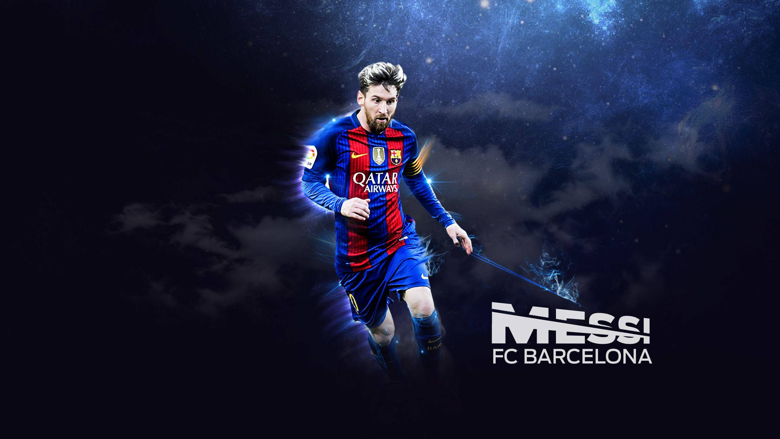 Messi Barcelona 桌布 壁紙 — 梅西身穿巴塞隆納球衣，在充滿發光軌跡和星雲的宇宙夜空背景下動態奔跑。