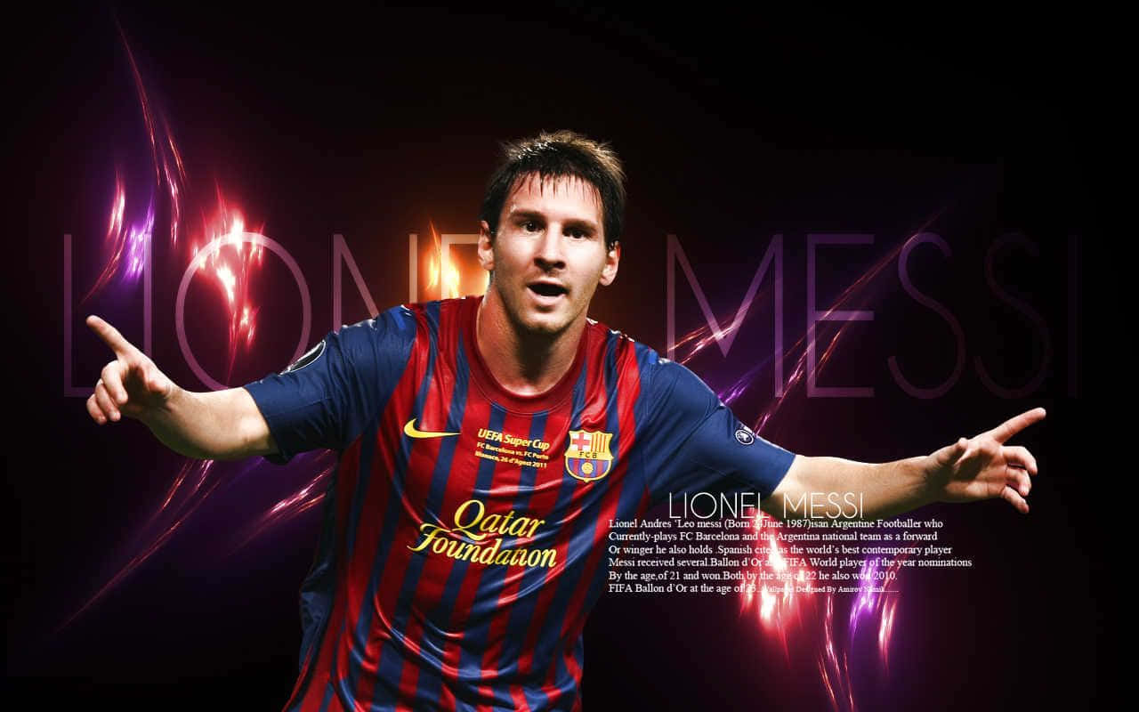 Lionel Messi Cool 桌布 壁紙 — 梅西身穿巴塞隆納球衣，在深色背景上以紫色和橙色發光能量條紋動態慶祝。