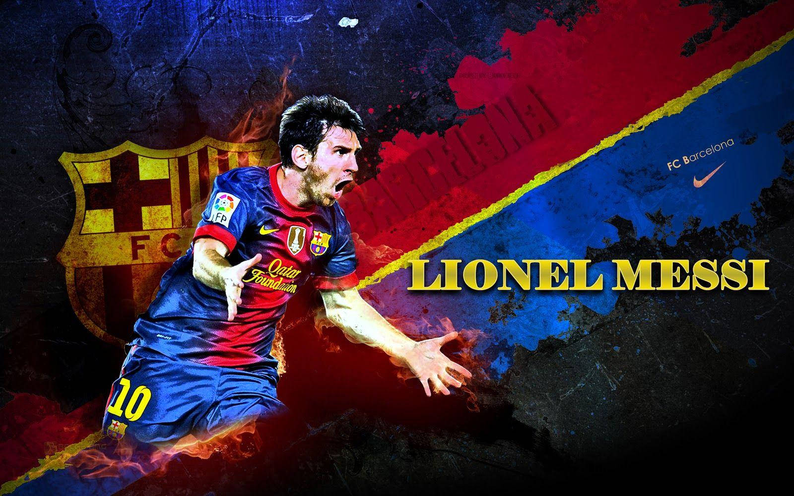 Messi Barcelona 桌布 壁紙 — 梅西身穿巴塞隆納球衣，在火紅藍色背景上動態擺姿勢，配有球隊徽章和粗體文字。