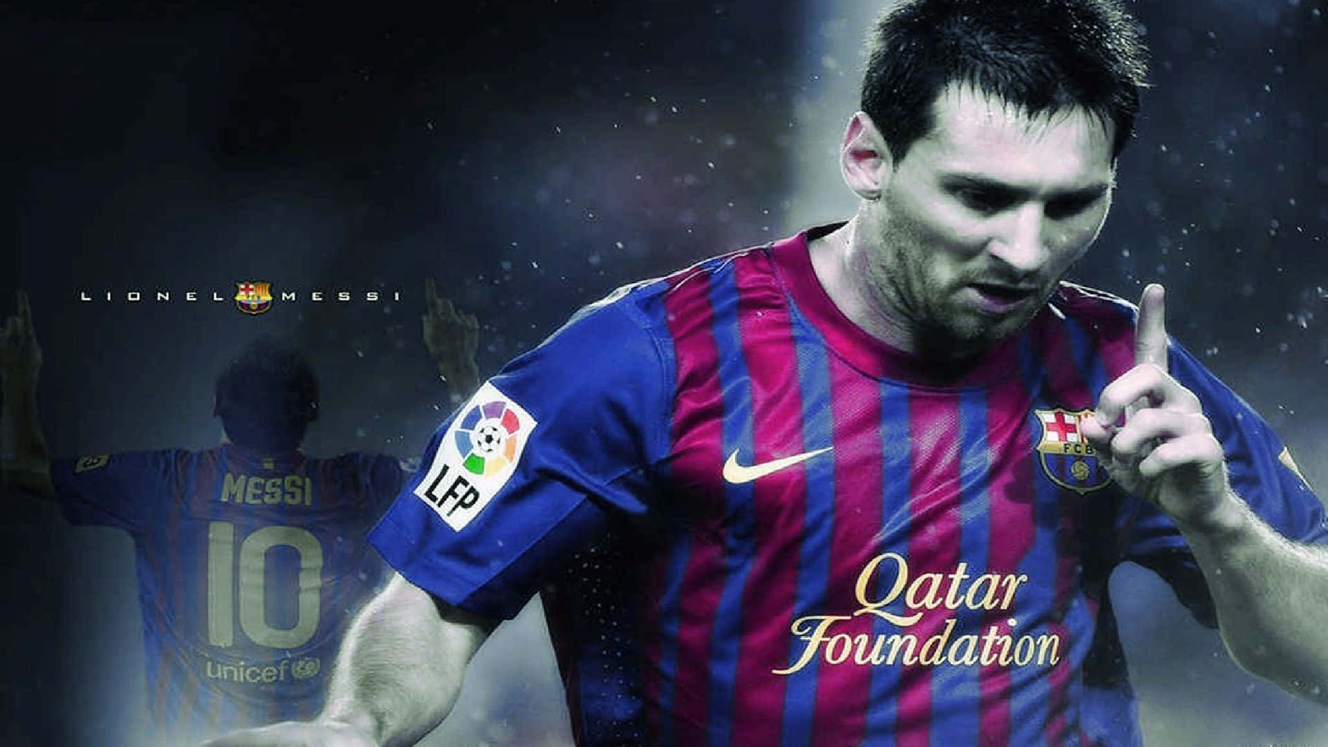 Lionel Messi Cool 桌布 壁紙 — 梅西身穿巴塞隆納球衣，在雨中堅定地向上指。