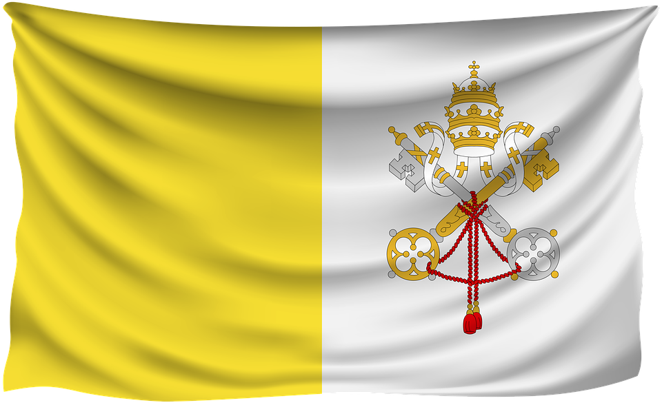 Vatican 桌布 壁紙 — 梵蒂岡國旗動態飄揚，黃白垂直條紋，中央盾徽有交叉鑰匙和教宗冠冕。