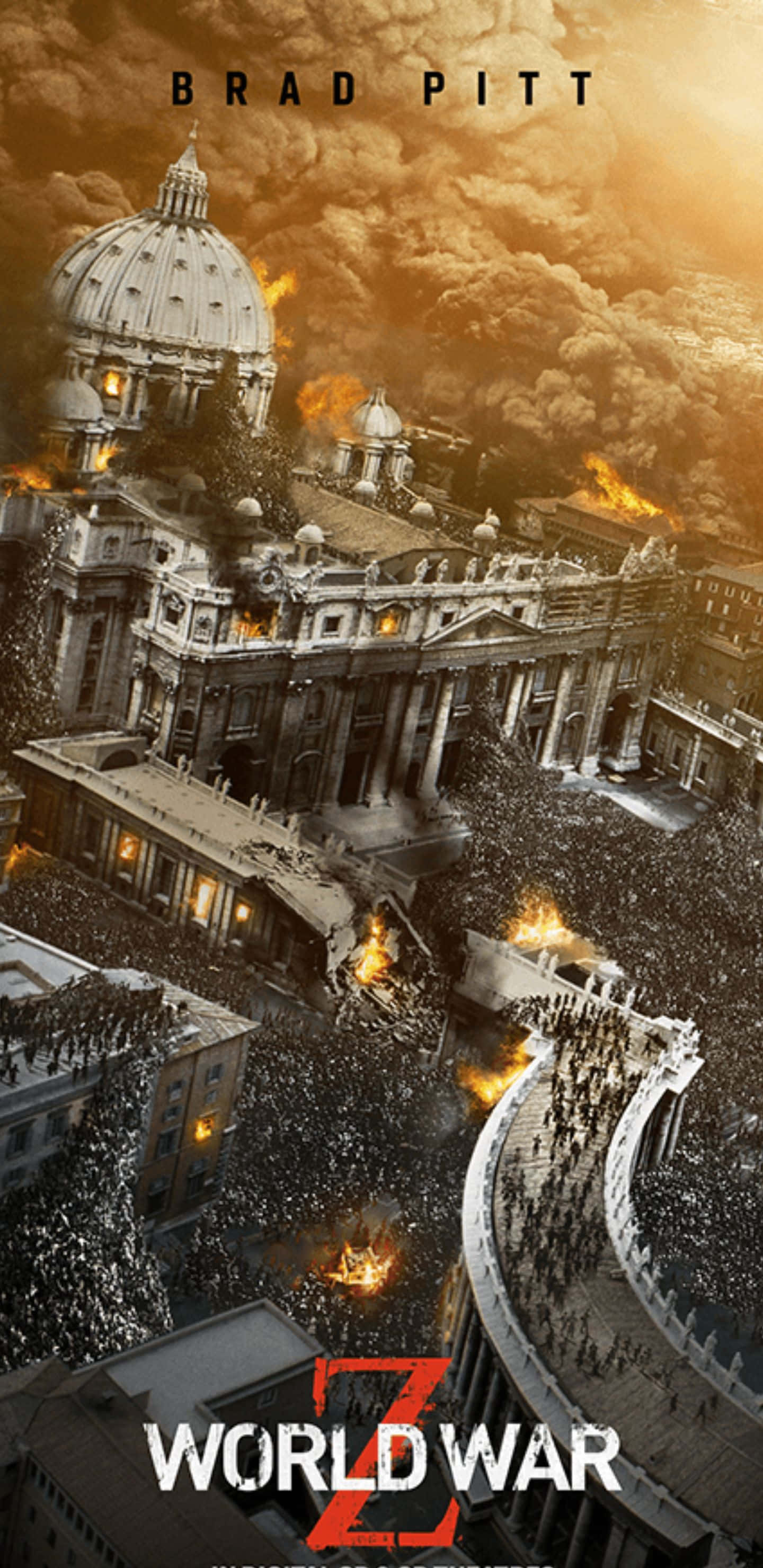Pixel 3xl World War Z 桌布 壁紙 — 梵蒂岡城的空中景觀，被火焰和混亂吞噬，殭屍在熾熱的橙色天空下湧入街道。