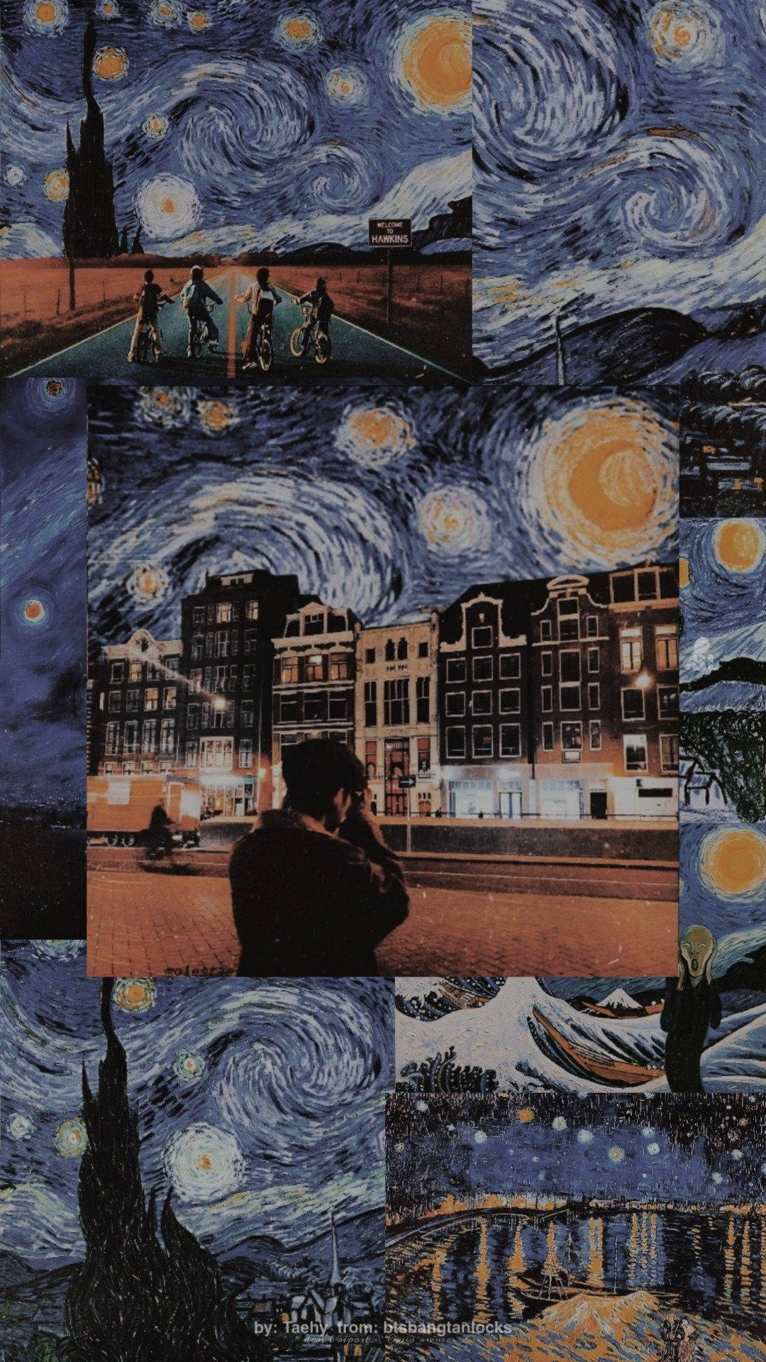 Vincent 桌布 壁紙 — 梵谷《星夜》場景與城市夜景融合的拼貼畫， featuring 自行車手和街上的剪影人物。