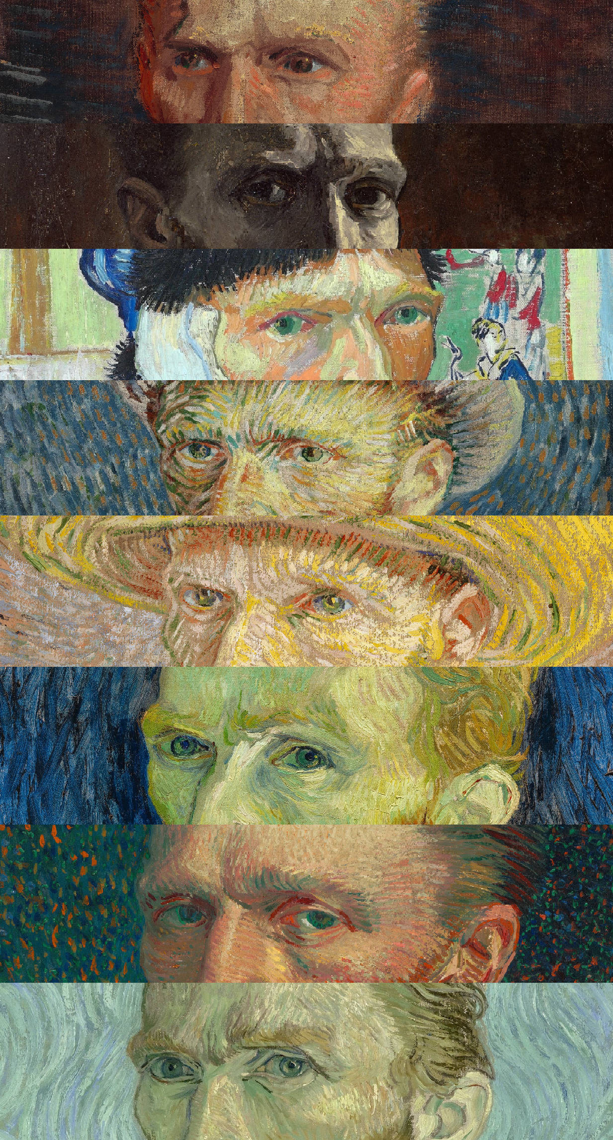 Vincent 桌布 壁紙 — 梵谷七幅不同自畫像的垂直拼貼，展現多樣表情與筆觸。