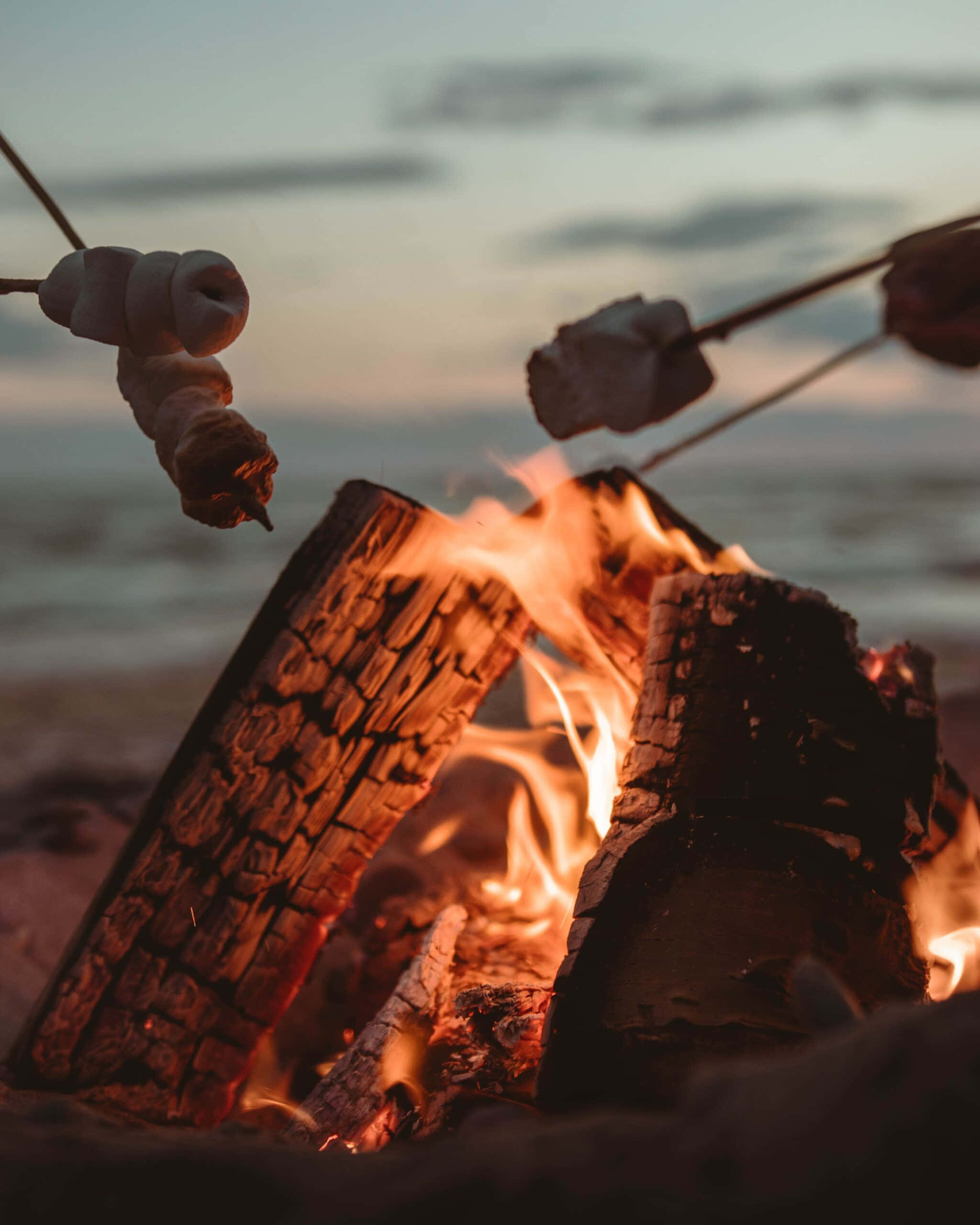 Minimalist Camping 桌布 壁紙 — 棉花糖在噼啪作響的海灘營火上烤著，夕陽以溫暖色調塗抹天空。