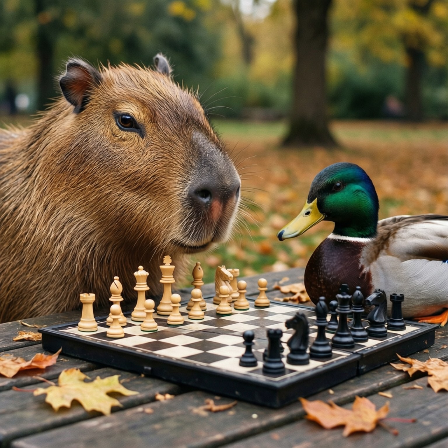 棋局對弈 壁紙 — 一隻水豚和一隻綠頭鴨在鋪滿落葉的木桌上激烈對弈國際象棋。