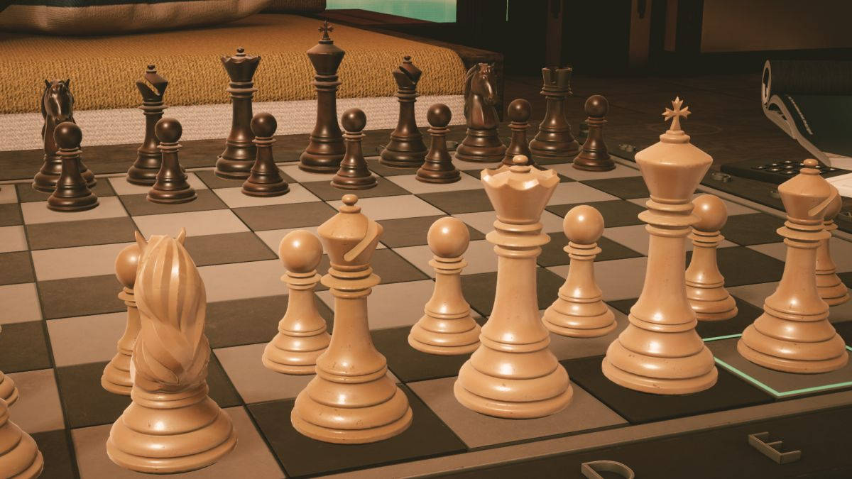 西洋棋 桌布 壁紙 — 棋盤的特寫，淺色和深色木製棋子在中局時排列在方格表面上。