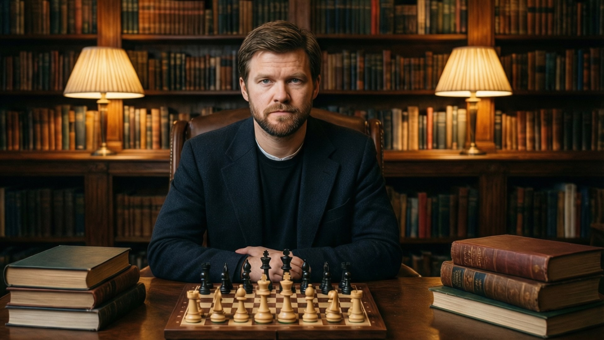 棋藝學者 壁紙 — 一個留鬍鬚的專注男人坐在圖書館的木桌上，凝視著一個棋子已排列好的棋盤。