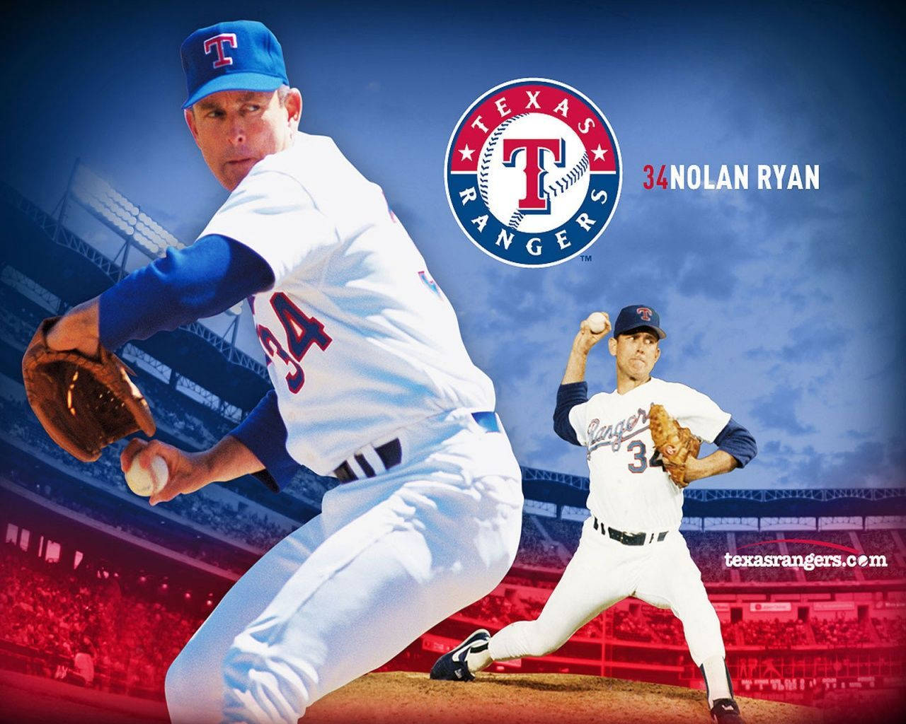 Nolan Ryan 桌布 壁紙 — 棒球傳奇 Nolan Ryan 身穿德州遊騎兵隊制服，在球場背景下動態投球，帶有球隊標誌和34號。