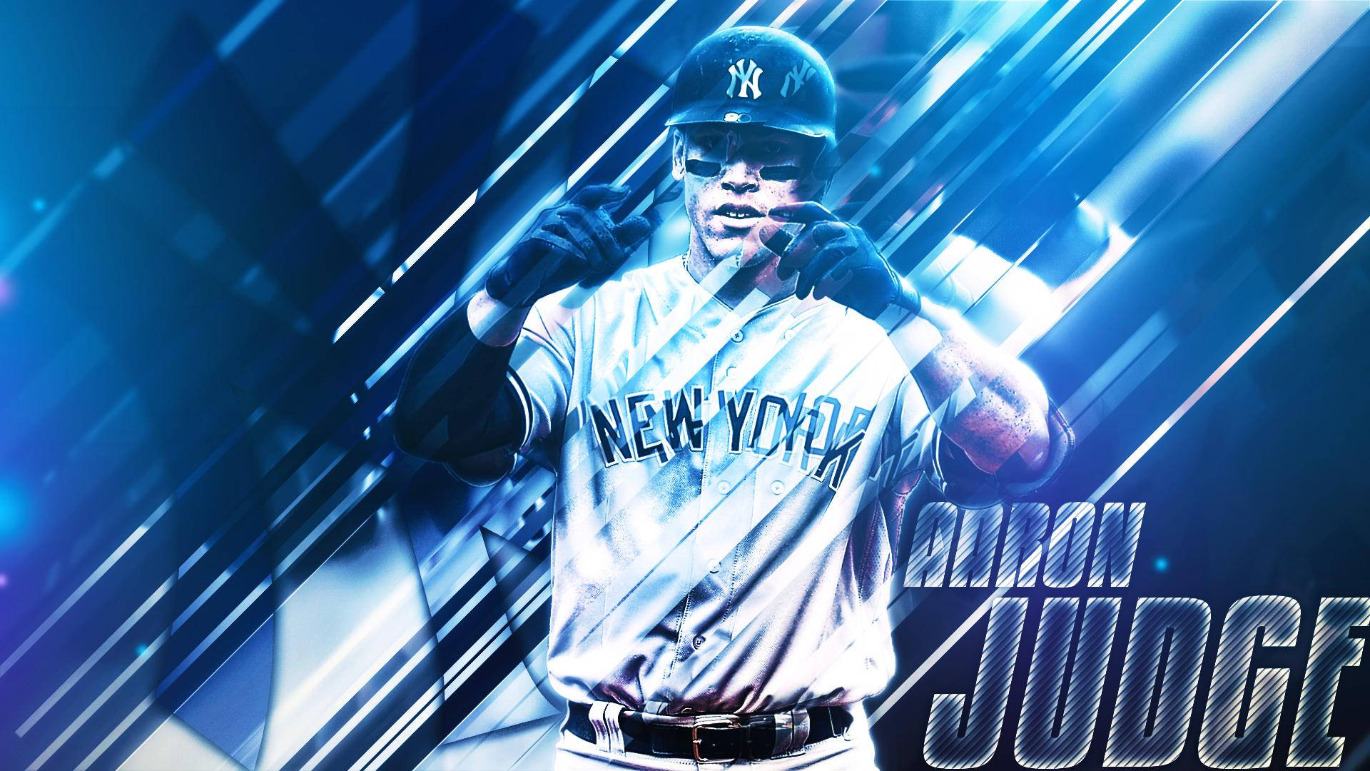 Aaron Judge 桌布 壁紙 — 棒球手 Aaron Judge 身穿紐約洋基隊制服，準備在動態藍色條紋數位背景前揮棒。