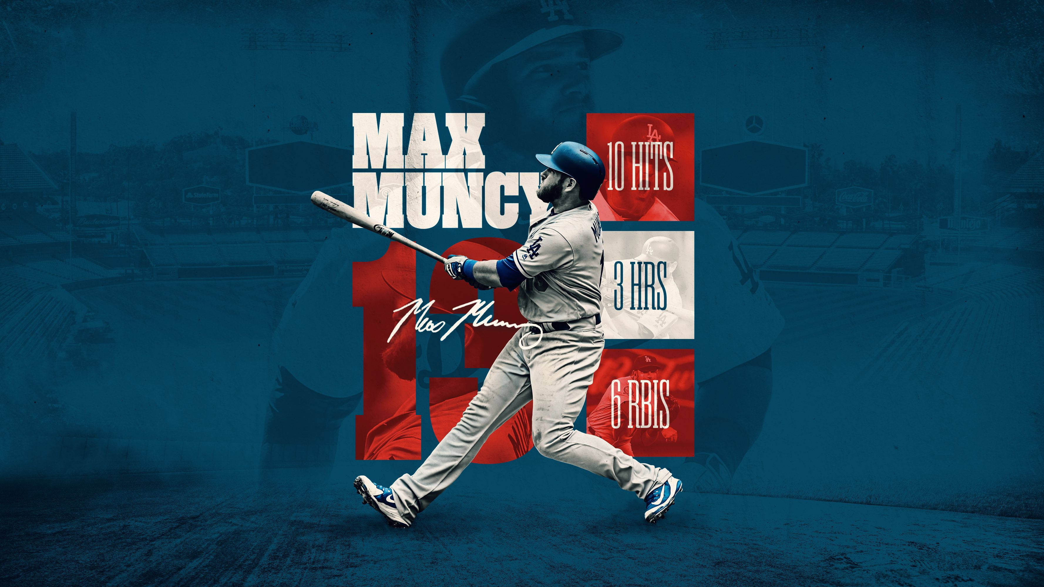 桌布 壁紙 — 棒球手 Max Muncy 揮棒中，藍色球場背景上有統計數據疊加。