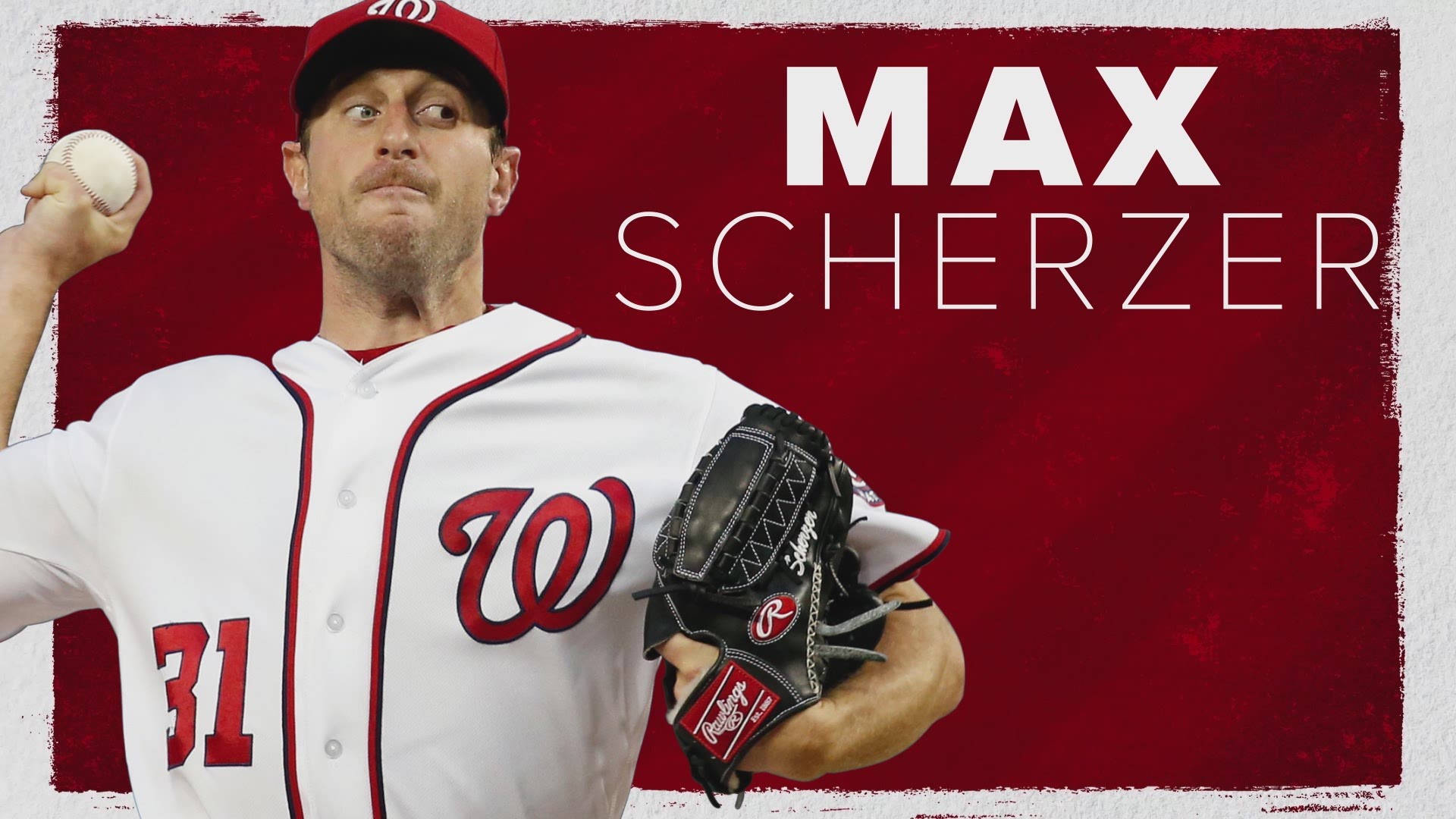 Max Scherzer 桌布 壁紙 — 棒球投手 Max Scherzer 身穿白色球衣配紅色點綴，在帶紋理的紅色背景前投球。