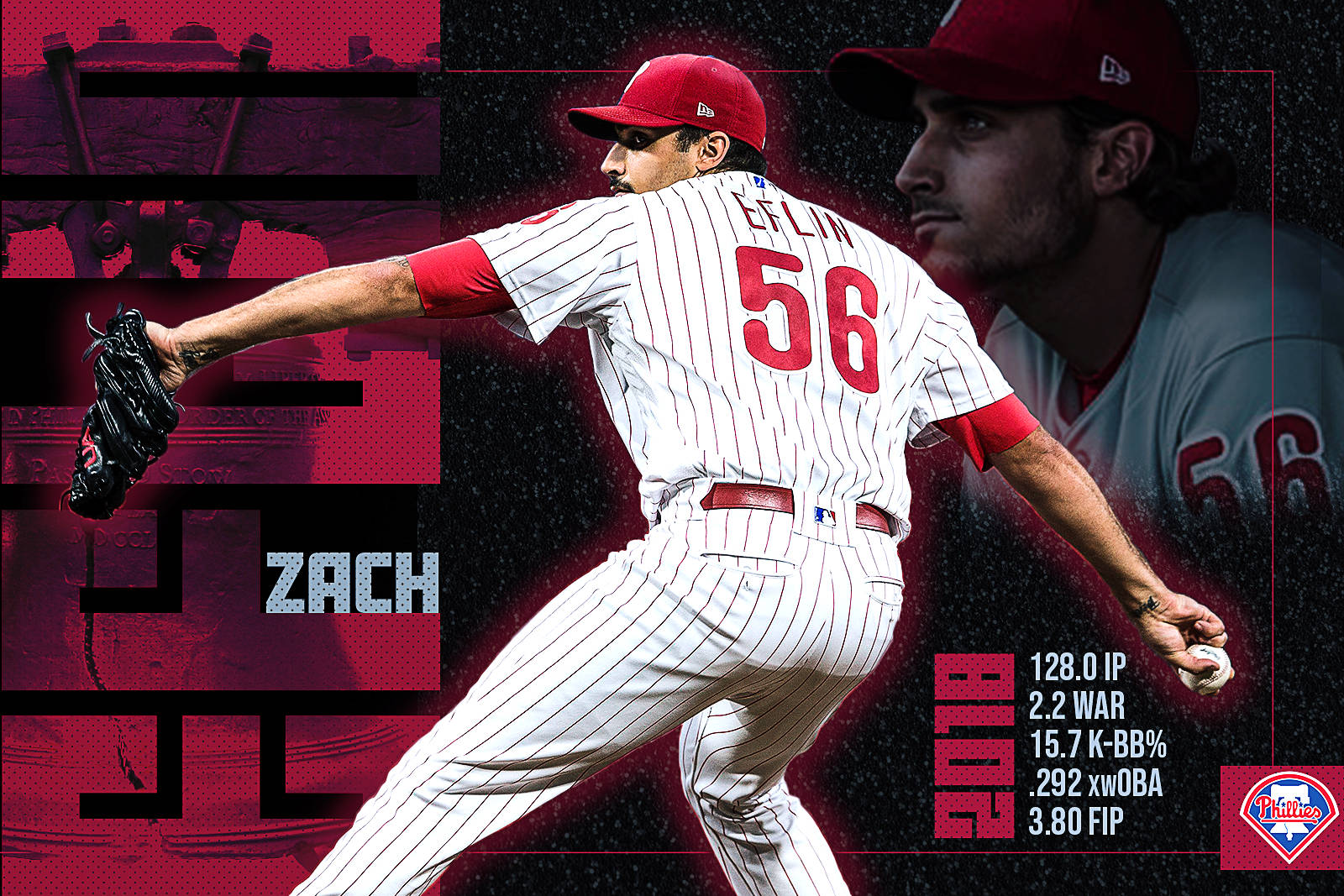 運動 桌布 壁紙 — 棒球投手 Zach Eflin 正在投球，身穿帶有紅色點綴的白色細條紋制服，背景為大膽的紅黑圖形。