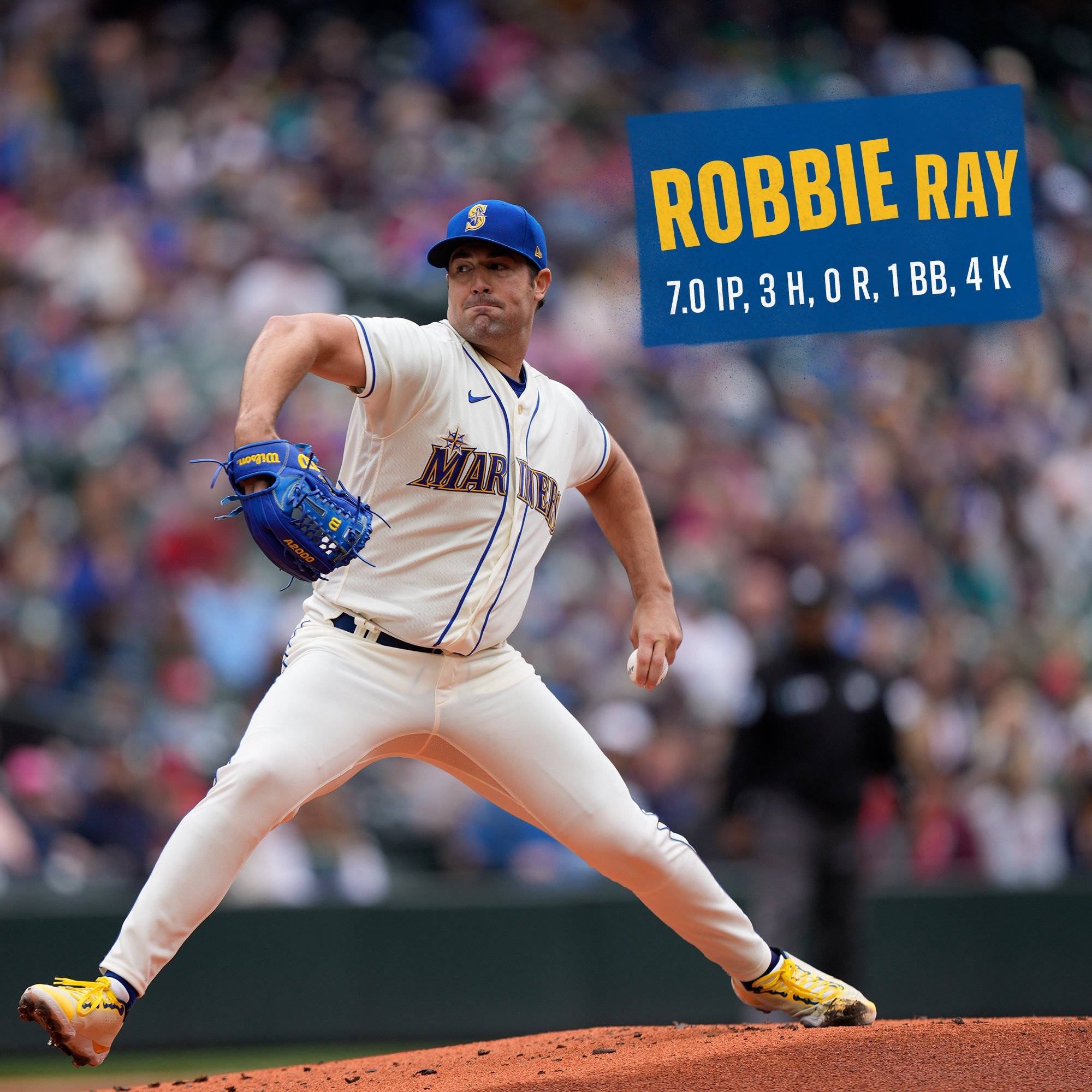 運動 桌布 壁紙 — 棒球投手Robbie Ray在投手丘上投球中，帶有統計數據覆蓋層，背景為模糊的球場人群。