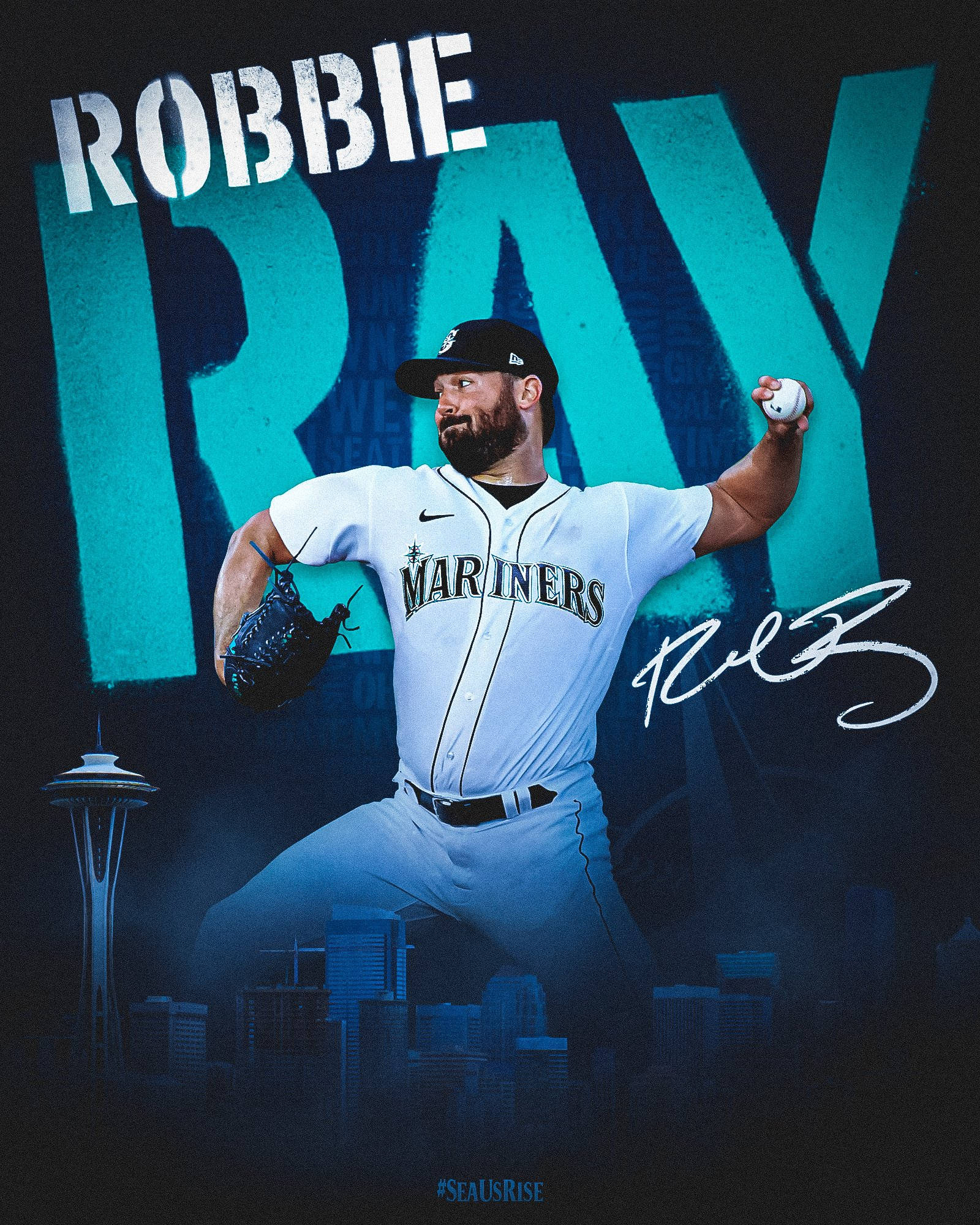 運動 桌布 壁紙 — 棒球投手Robbie Ray身穿水手隊球衣，在深藍色西雅圖天際線和太空針塔背景下投球。