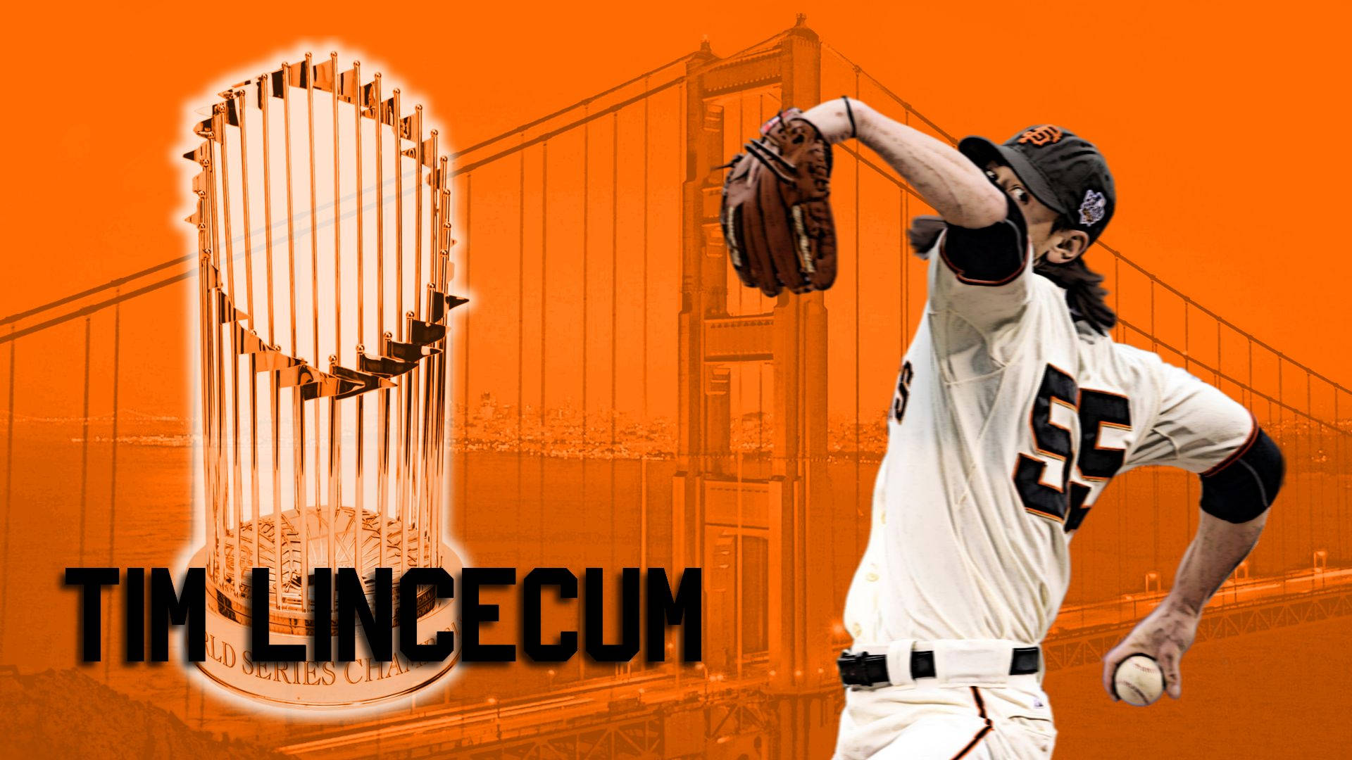 Giants 桌布 壁紙 — 棒球投手Tim Lincecum在橙色濾鏡下，於世界大賽獎盃旁、金門大橋背景中做出投球姿勢。