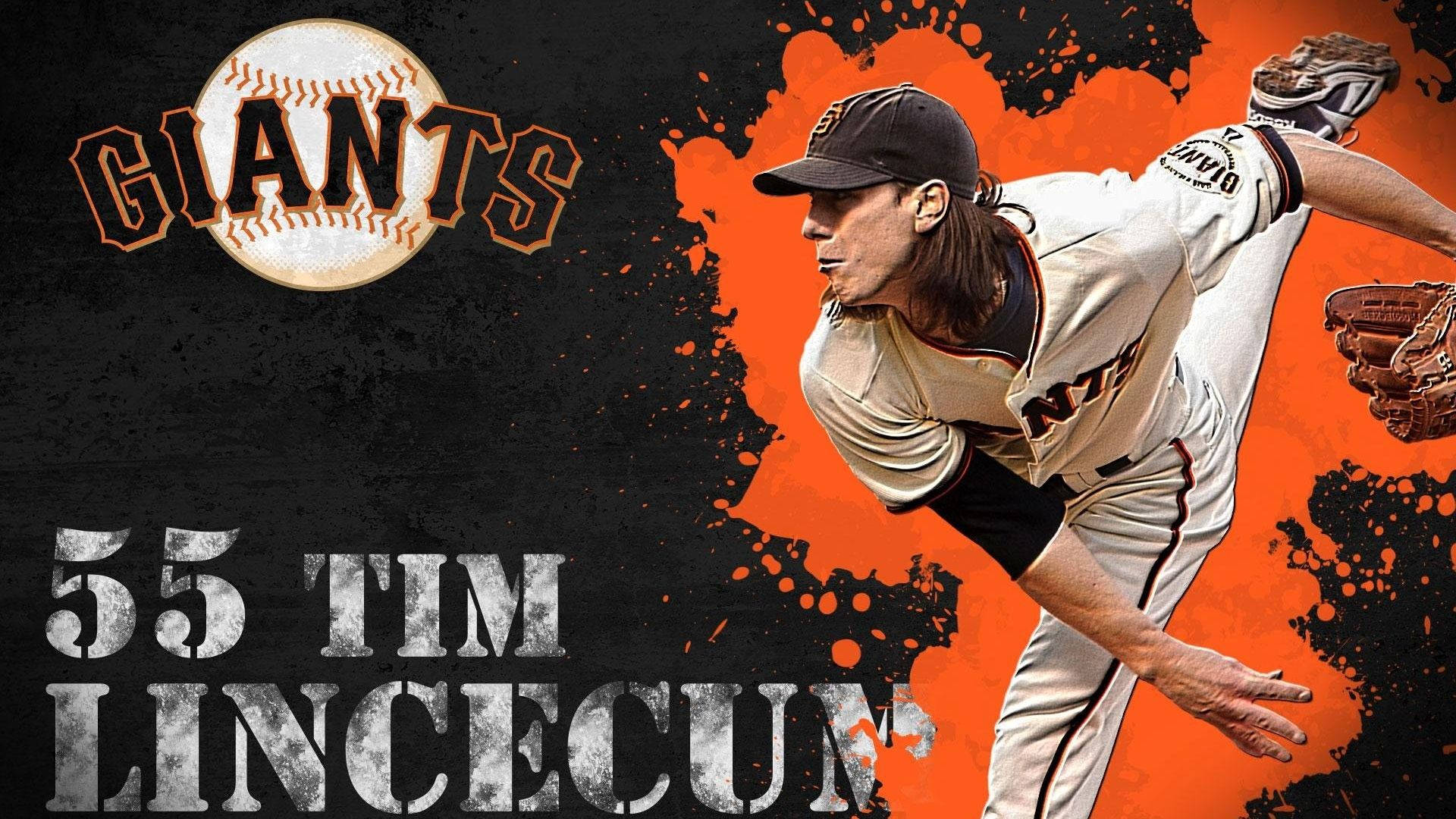 Giants 桌布 壁紙 — 棒球投手Tim Lincecum穿著巨人隊制服，在黑色和橙色潑濺背景中投球。