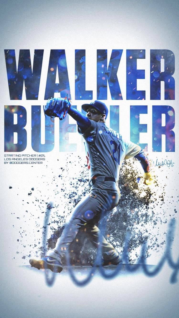 walker buehler 桌布 壁紙 — 棒球投手Walker Buehler正在投球，身後有宇宙藍色文字和粒子效果。