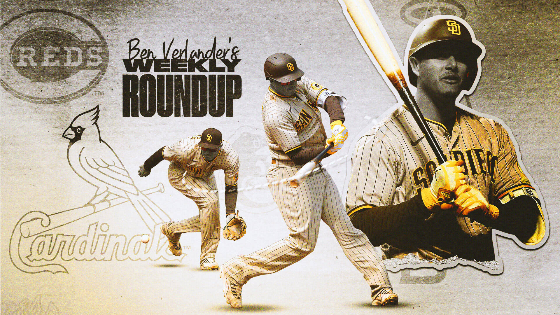 Reds 桌布 壁紙 — 棒球運動員 Ben Verlander 的動態拼貼畫，包含動作姿勢、球隊標誌和復古文字疊加。